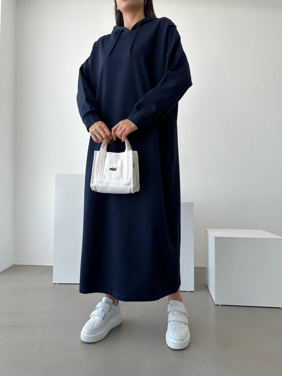 Women hooded long-sleeve midi dress wholesale Navy color