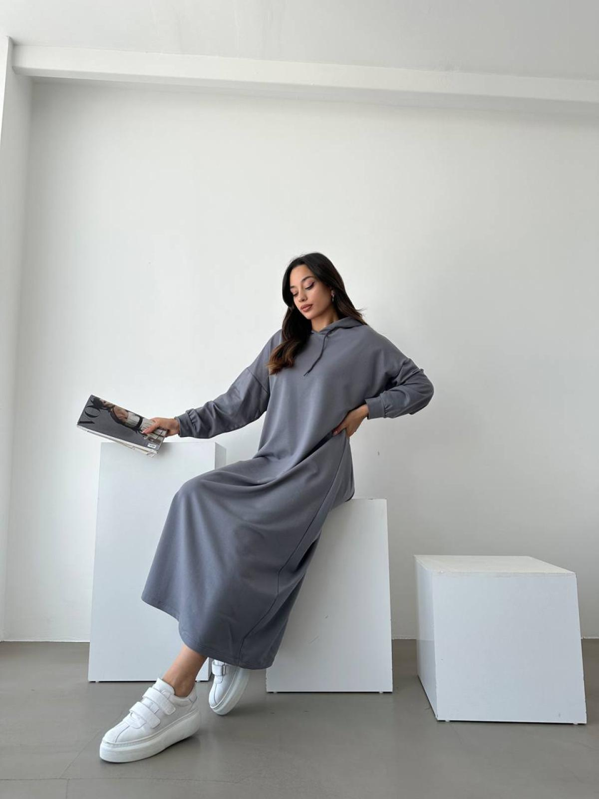 Women hooded long-sleeve midi dress wholesale Gray color