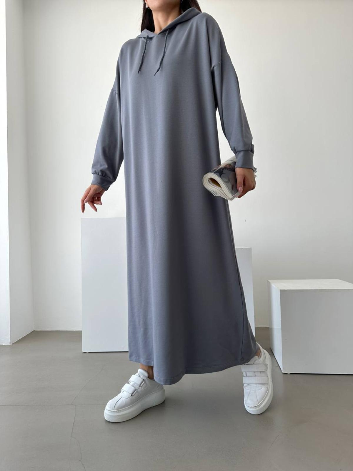 Women hooded long-sleeve midi dress wholesale Gray color