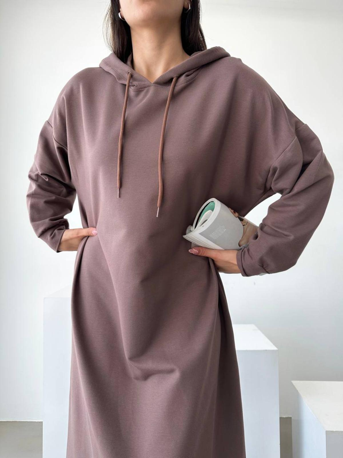 Women hooded long-sleeve midi dress wholesale Marsala color
