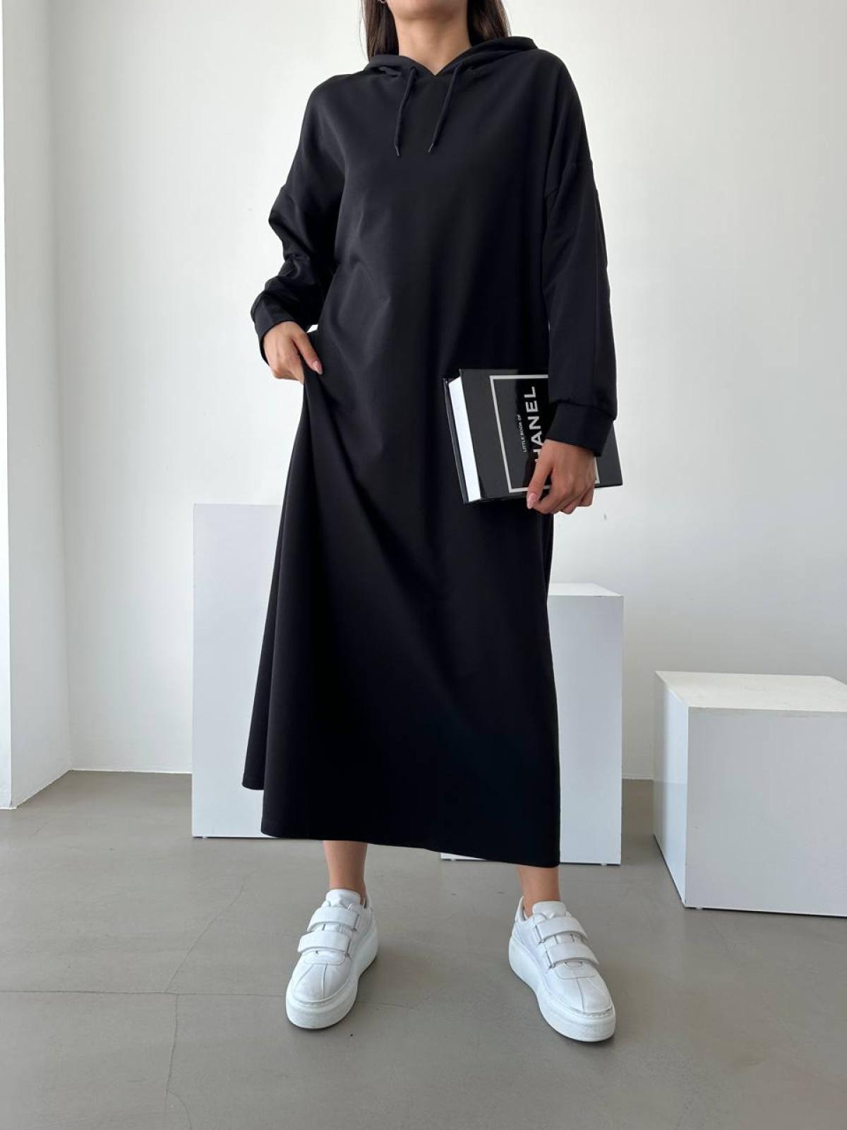 Women hooded long-sleeve midi dress wholesale Black color