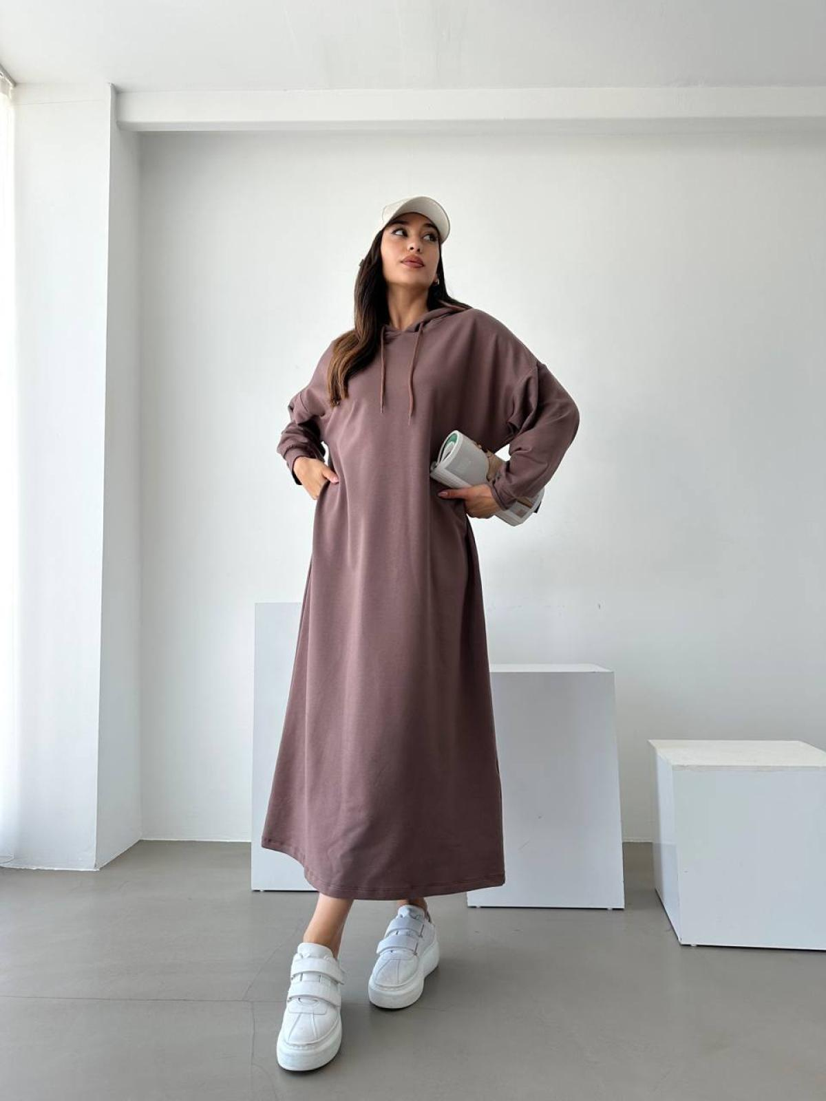 Women hooded long-sleeve midi dress wholesale Marsala color