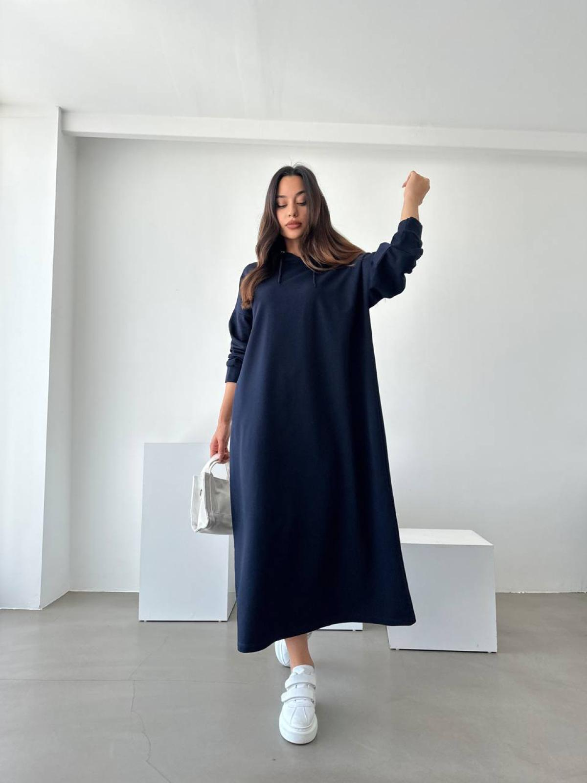 Women hooded long-sleeve midi dress wholesale Navy color