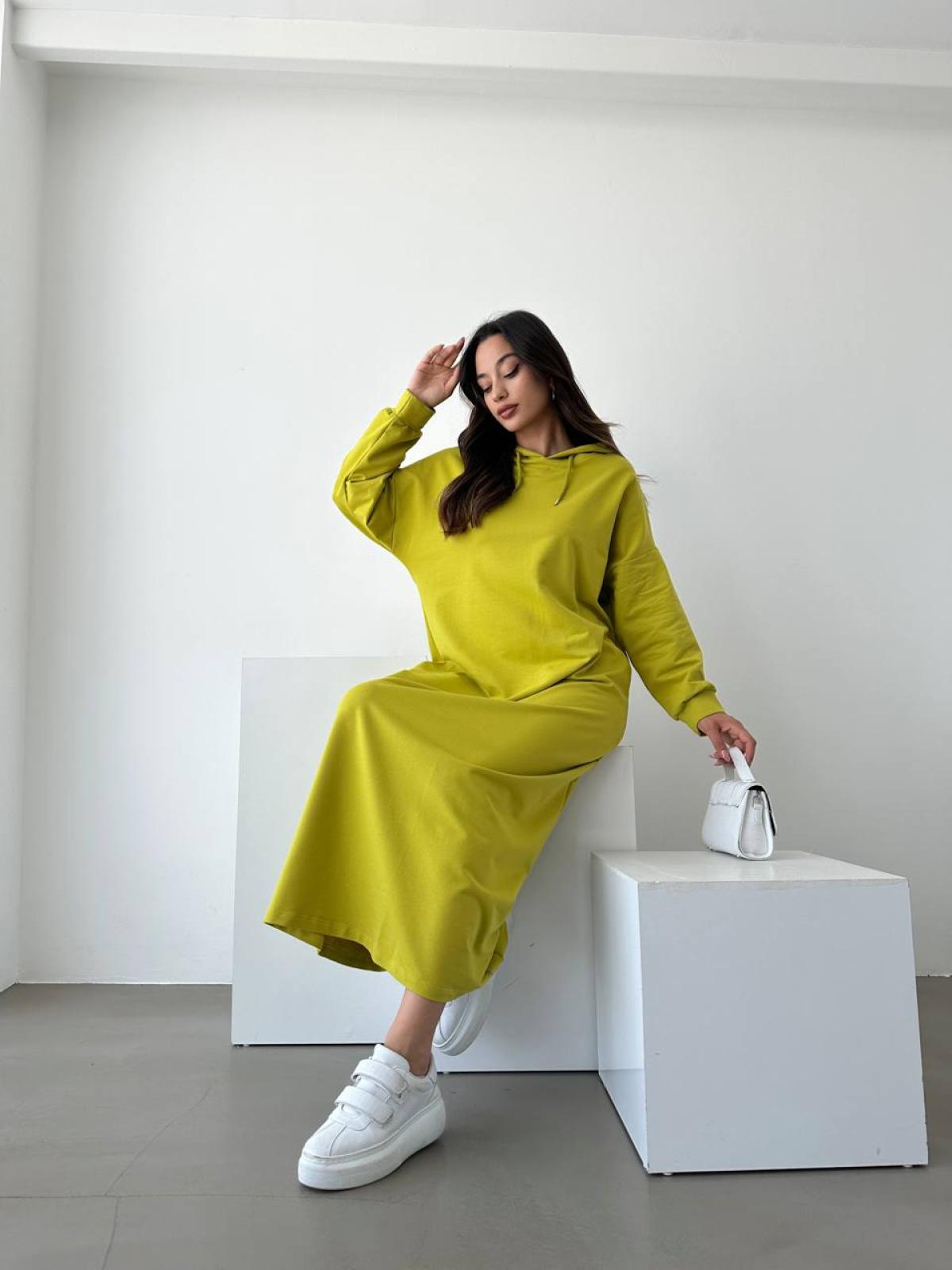 Women hooded long-sleeve midi dress wholesale Yellow color
