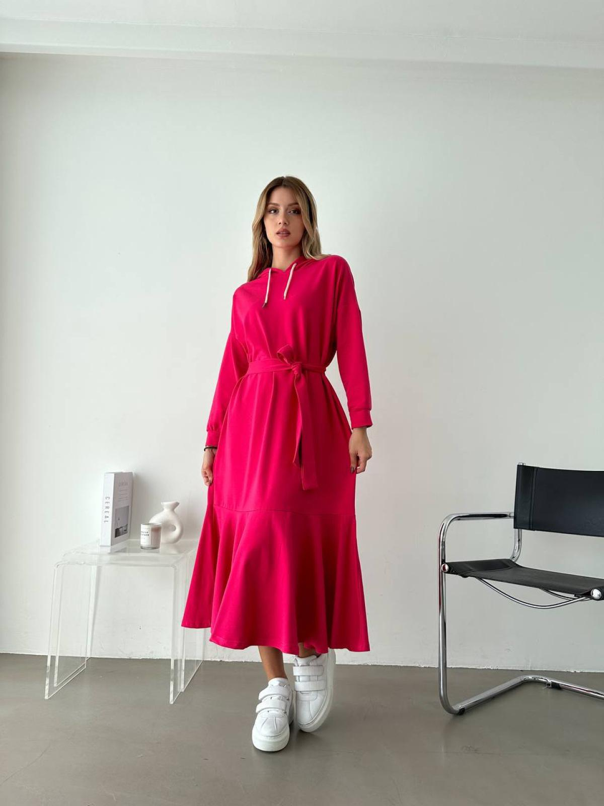 Women hooded midi dress with belt wholesale Fuchsia color