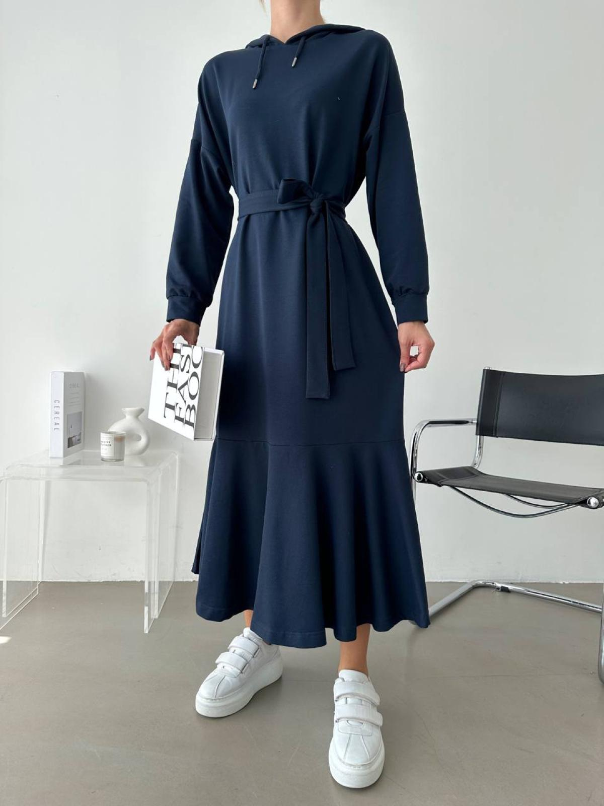 Women hooded midi dress with belt wholesale Navy color