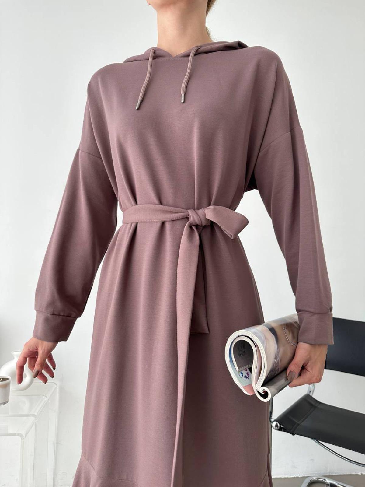 Women hooded midi dress with belt wholesale Marsala color