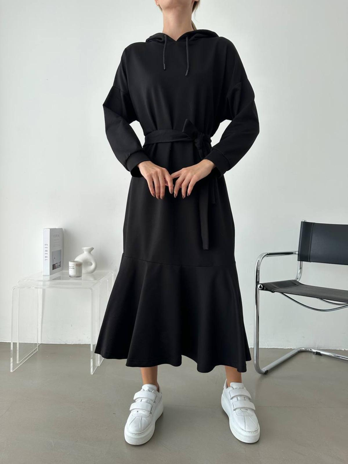 Women hooded midi dress with belt wholesale Black color