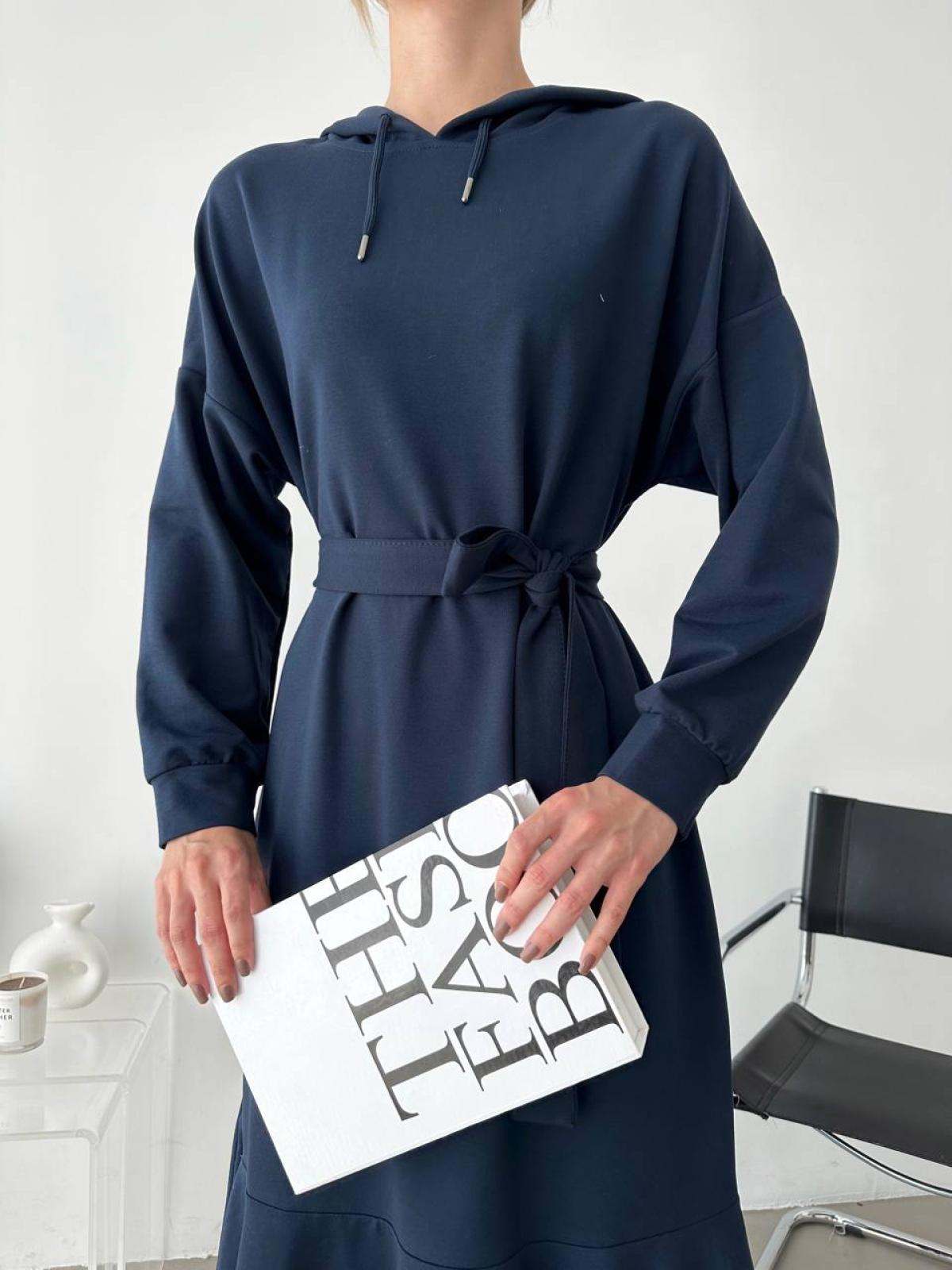 Women hooded midi dress with belt wholesale Navy color