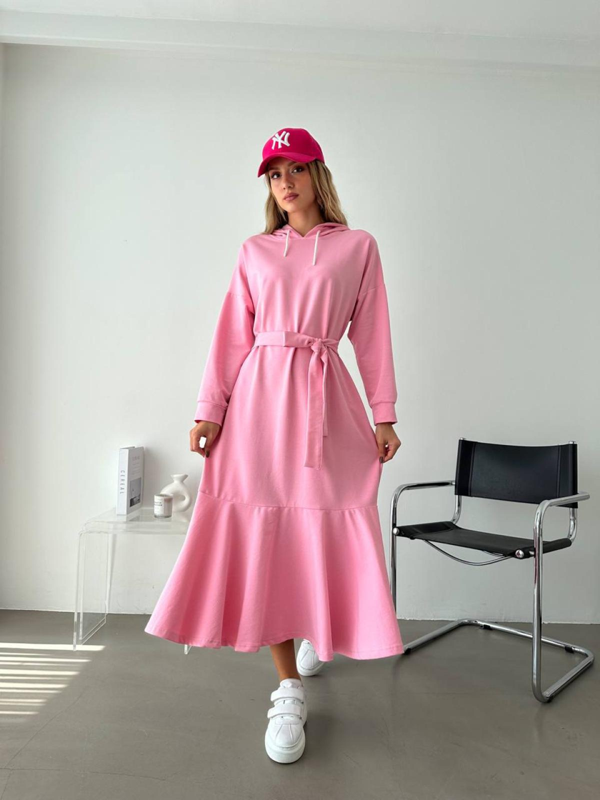Women hooded midi dress with belt wholesale Pink color