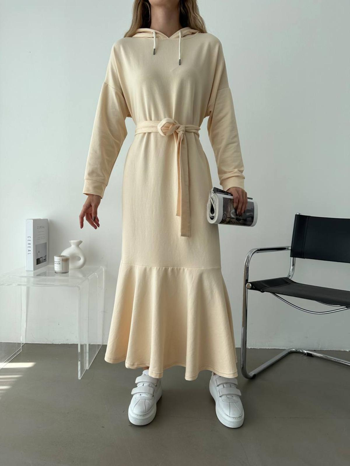 Women hooded midi dress with belt wholesale Cream color