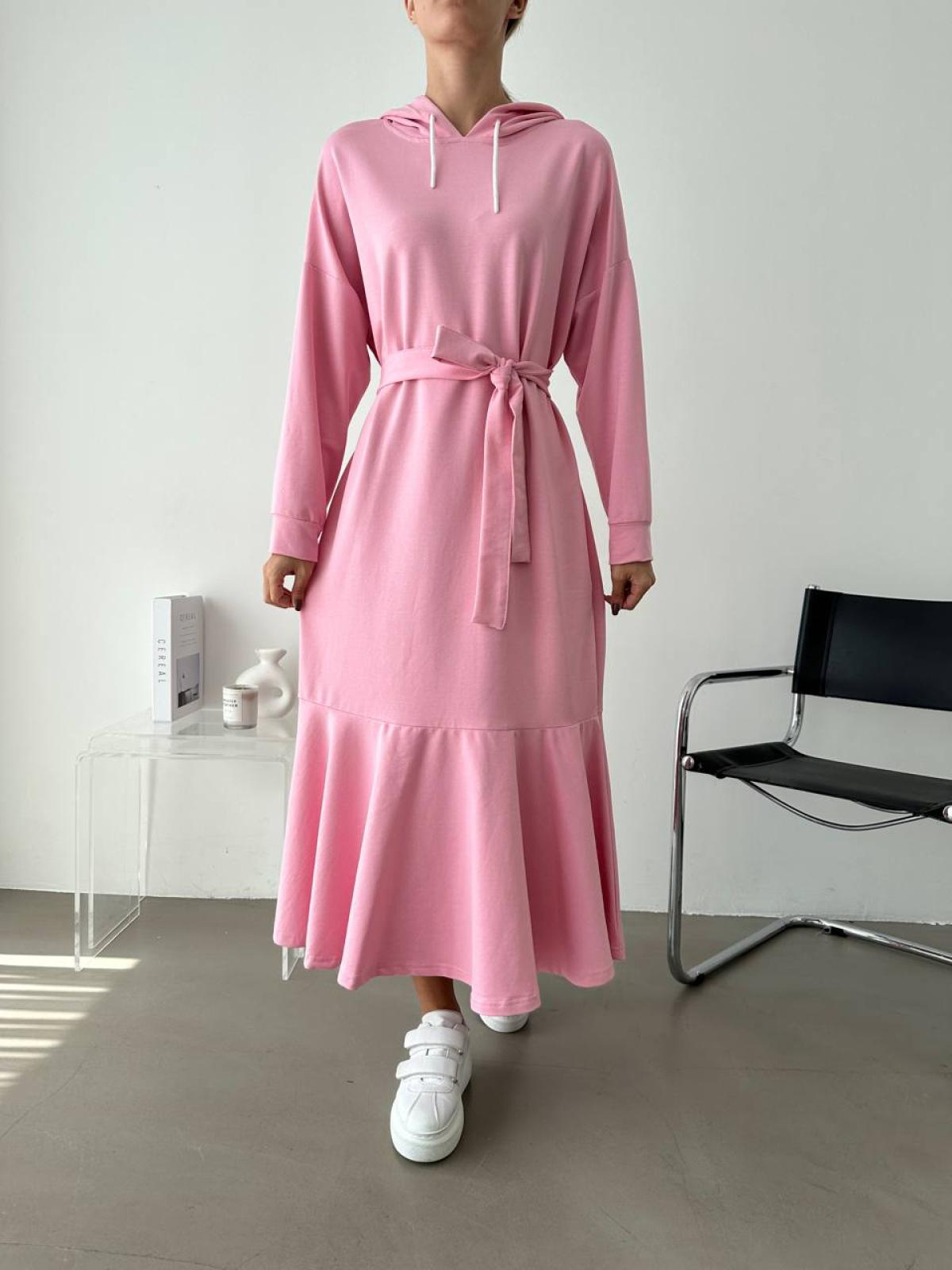 Women hooded midi dress with belt wholesale Pink color
