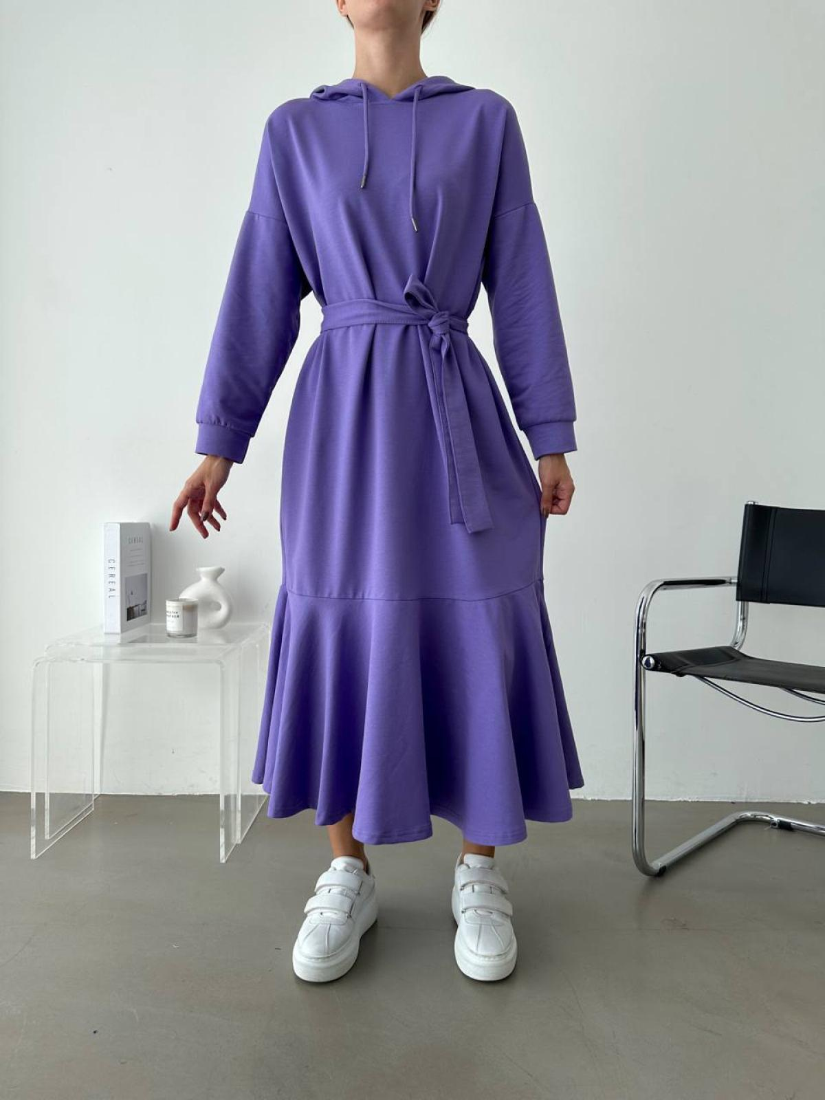 Women hooded midi dress with belt wholesale Purple color