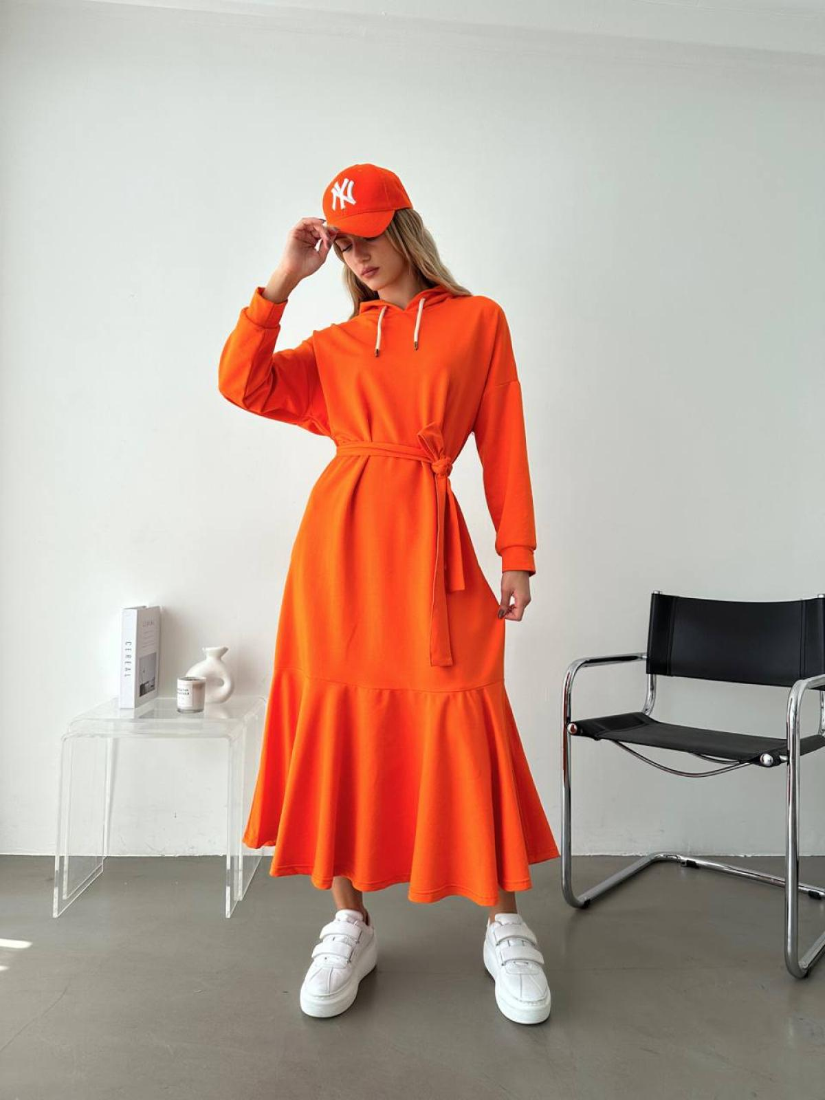 Women hooded midi dress with belt wholesale Orange color