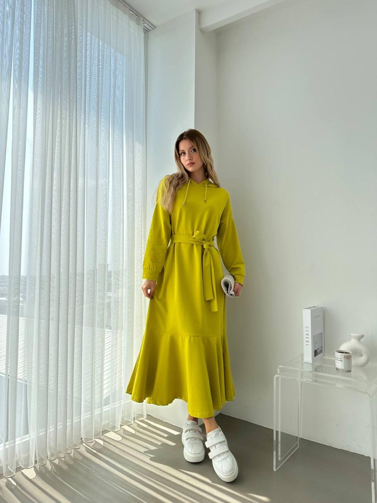 Women hooded midi dress with belt wholesale Yellow color