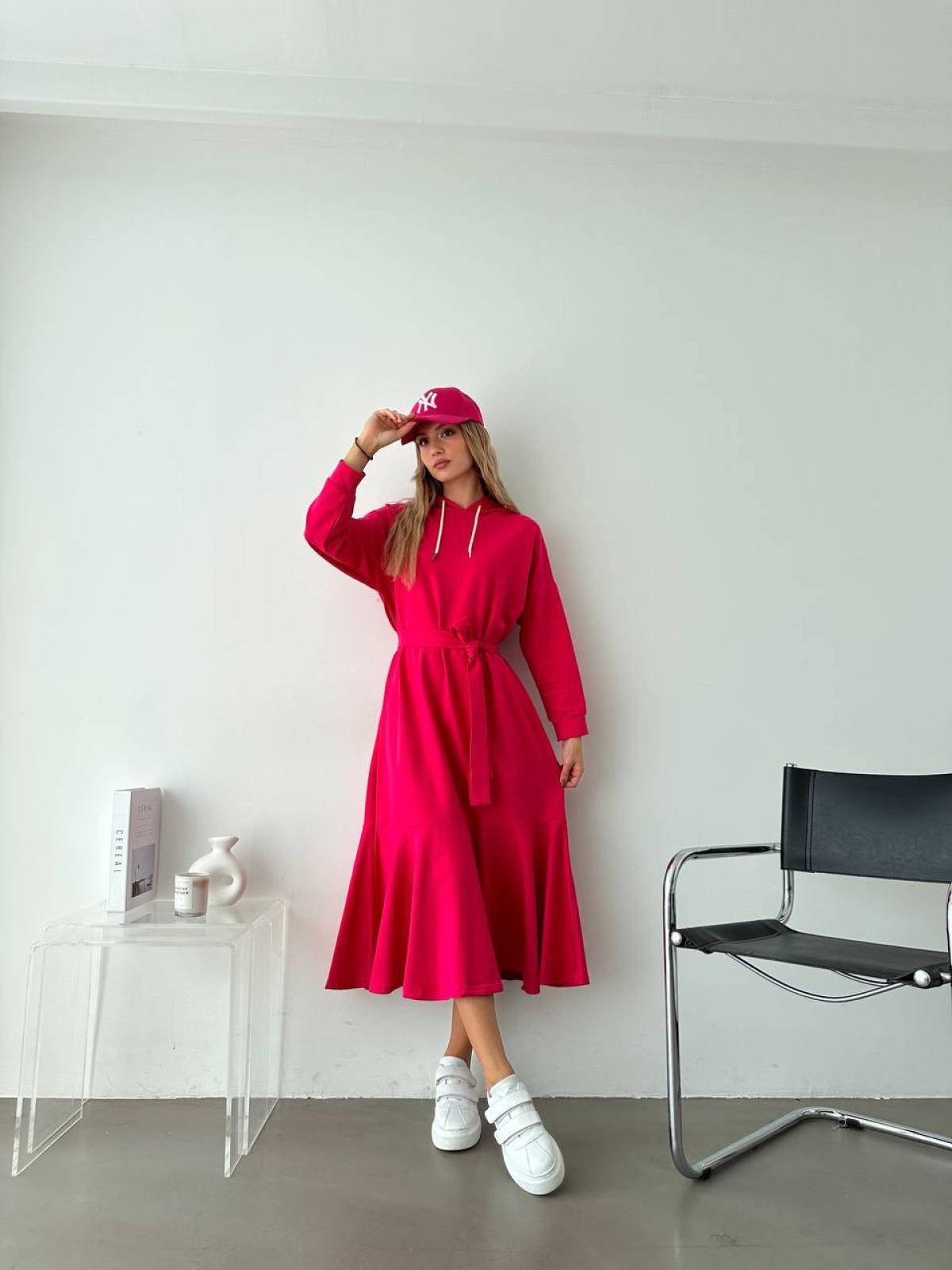 Women hooded midi dress with belt wholesale Fuchsia color
