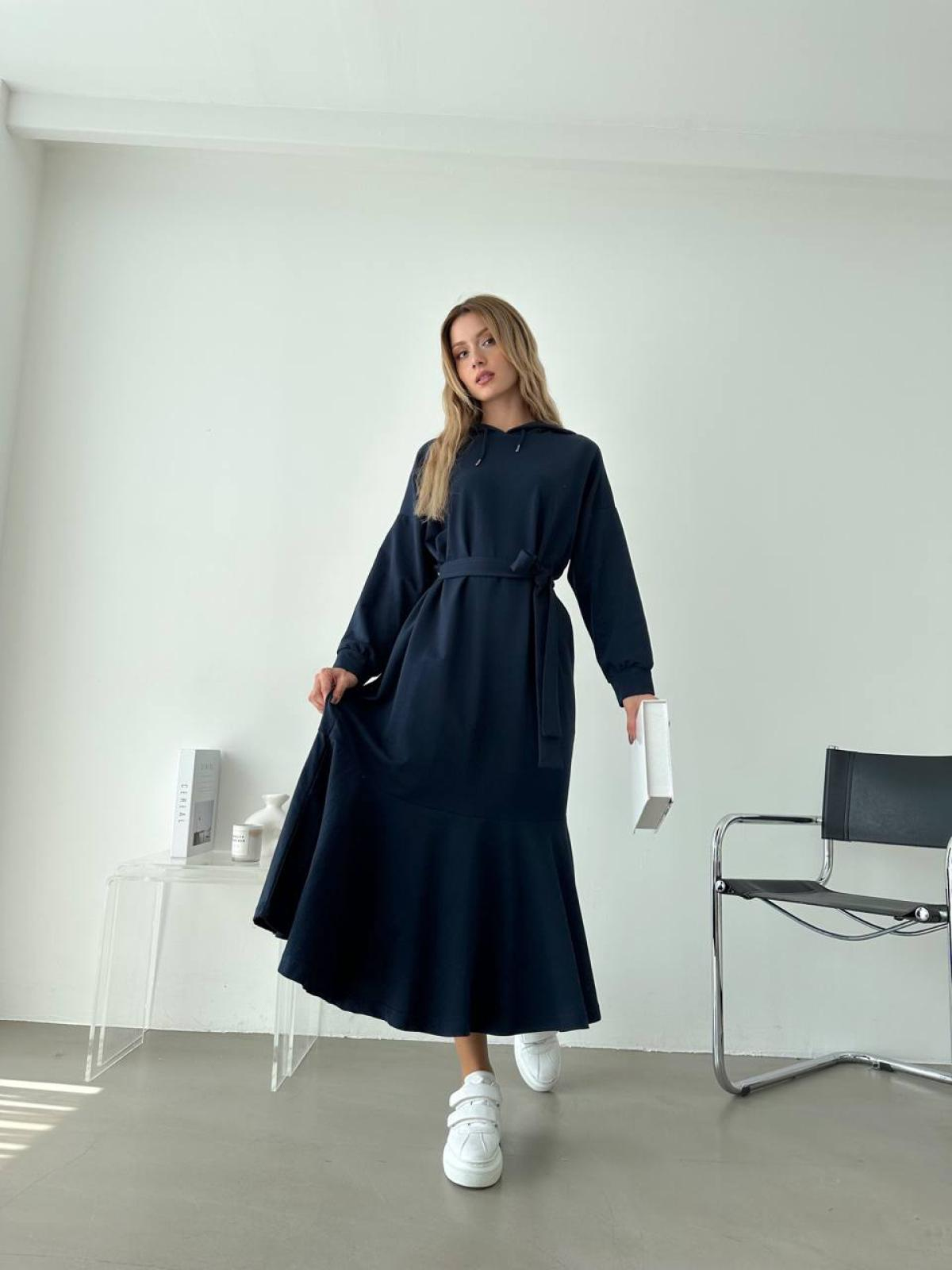 Women hooded midi dress with belt wholesale Navy color