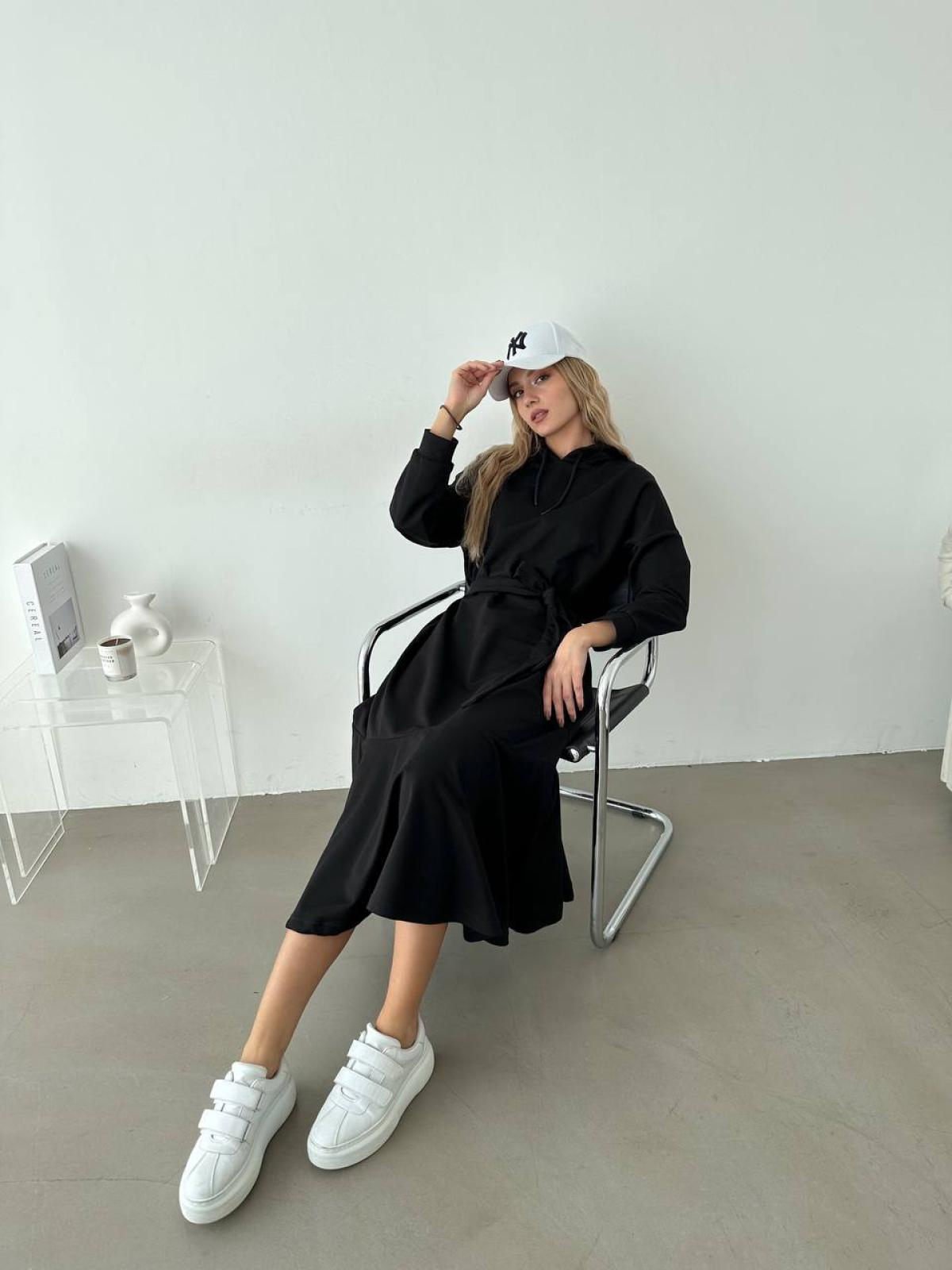 Women hooded midi dress with belt wholesale Black color