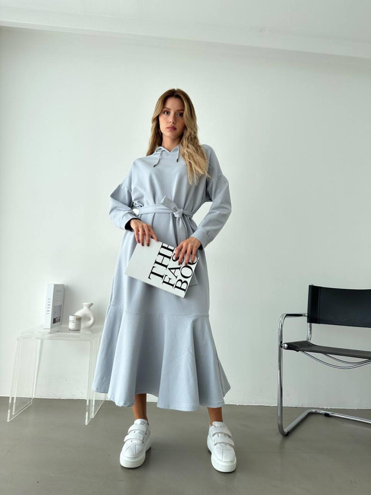 Women hooded midi dress with belt wholesale Light Blue color