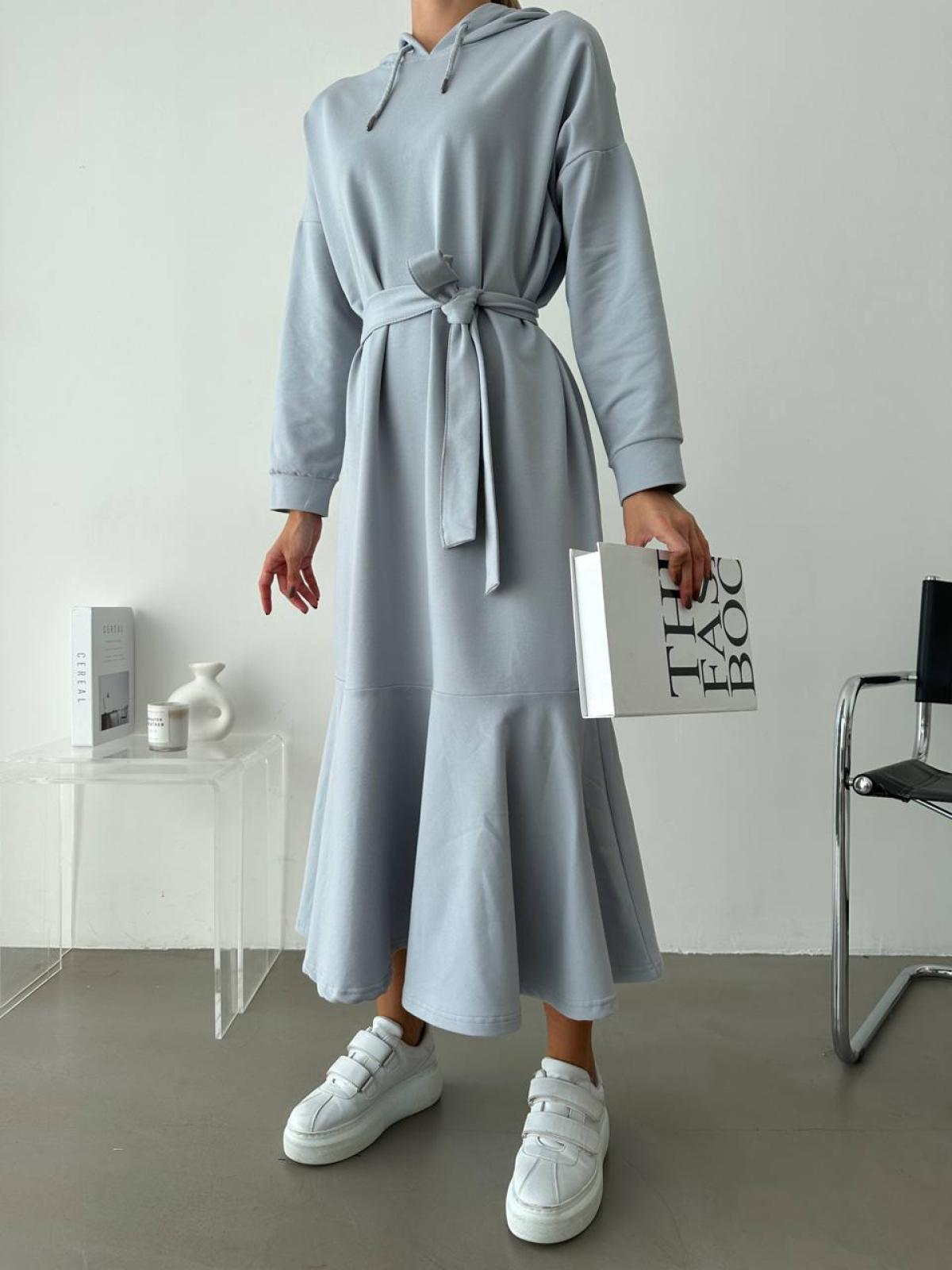 Women hooded midi dress with belt wholesale Light Blue color