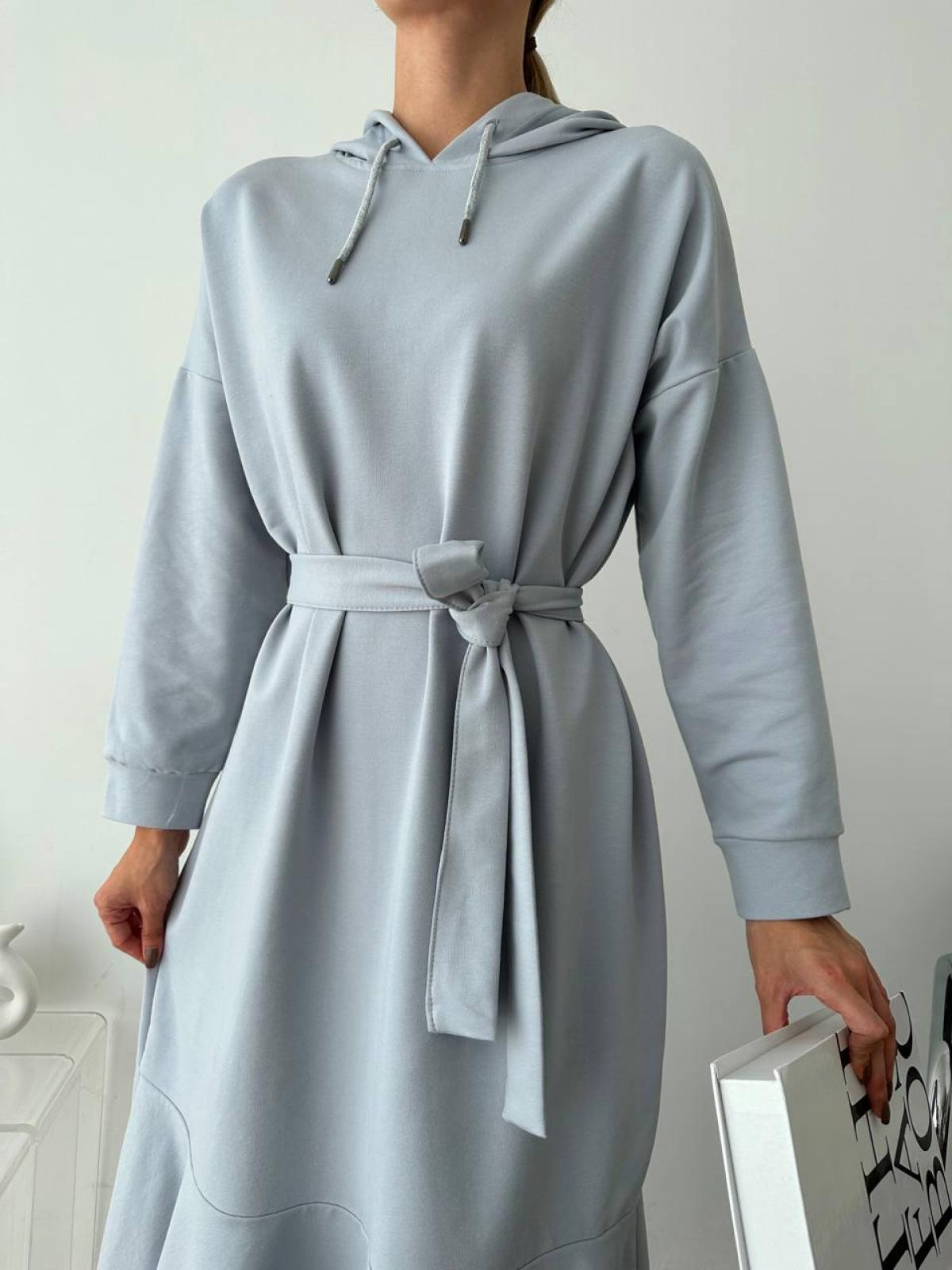 Women hooded midi dress with belt wholesale Light Blue color