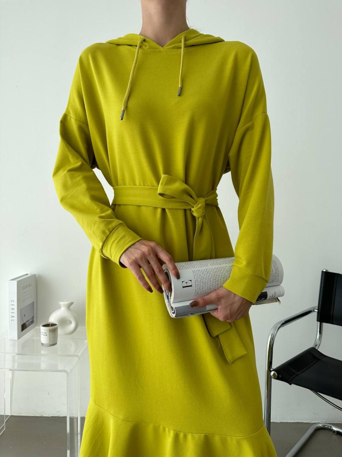 Women hooded midi dress with belt wholesale Yellow color
