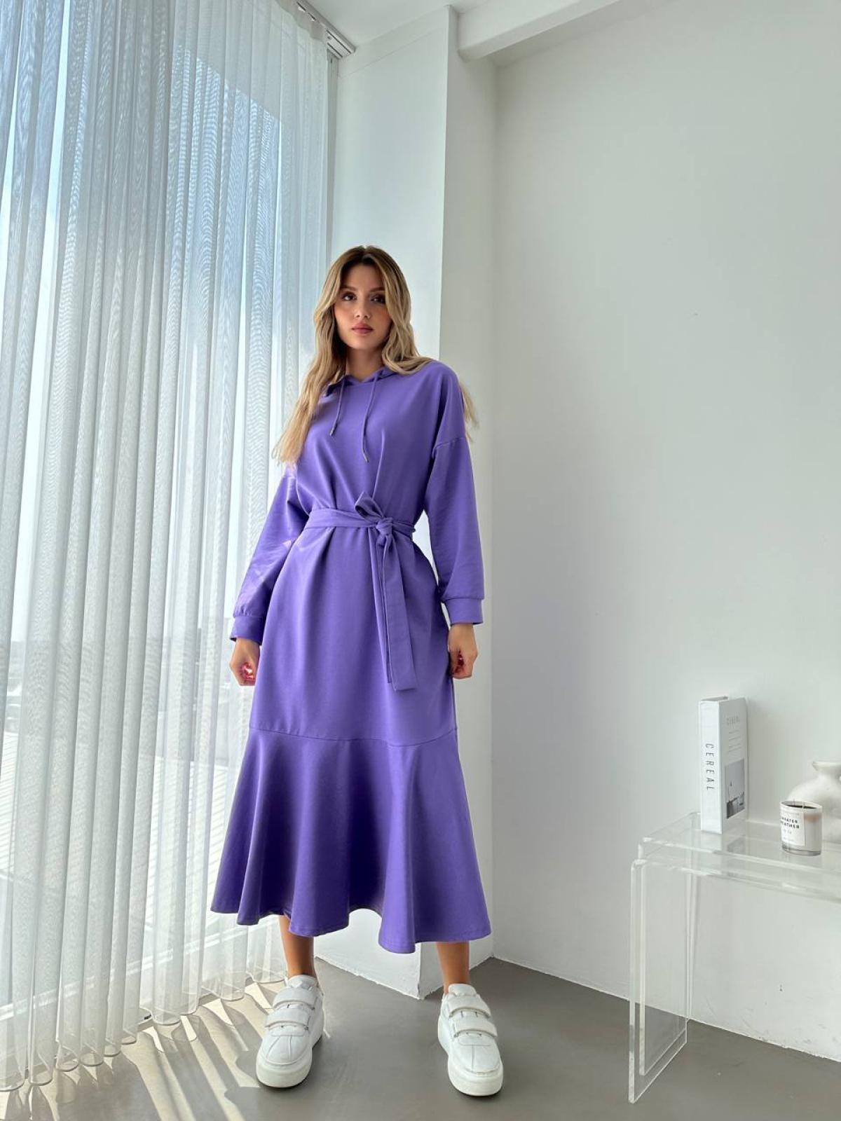 Women hooded midi dress with belt wholesale Purple color