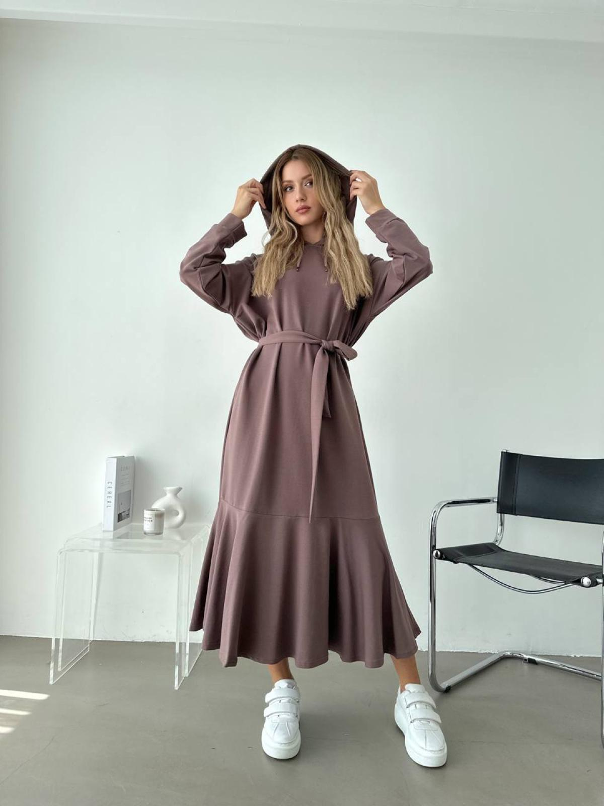 Women hooded midi dress with belt wholesale Marsala color