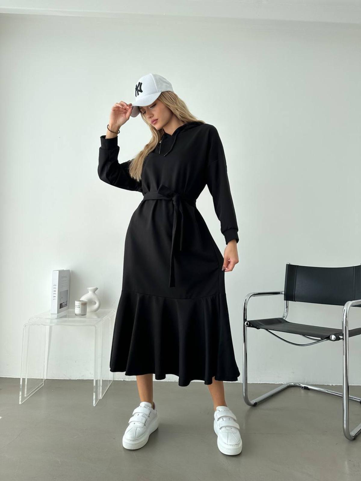 Women hooded midi dress with belt wholesale Black color