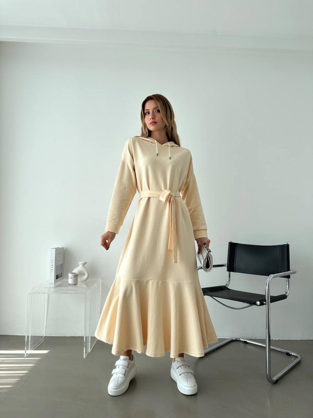 Women hooded midi dress with belt wholesale Cream color