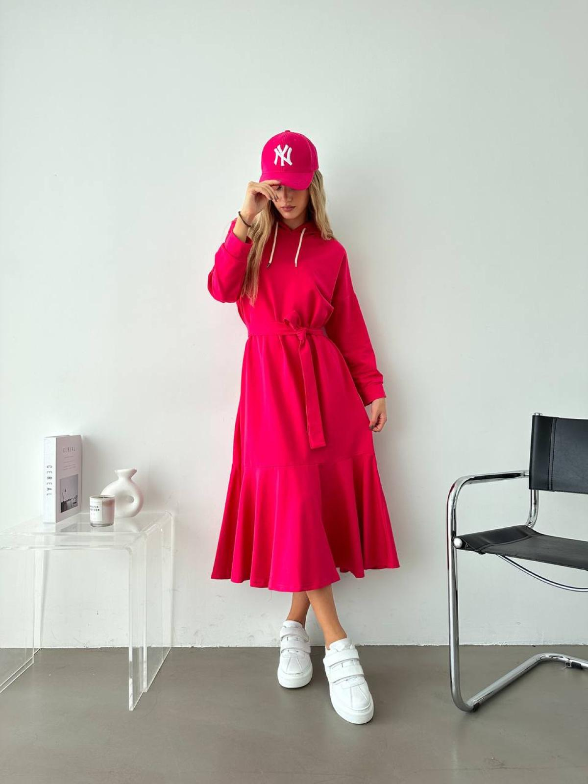 Women hooded midi dress with belt wholesale Fuchsia color
