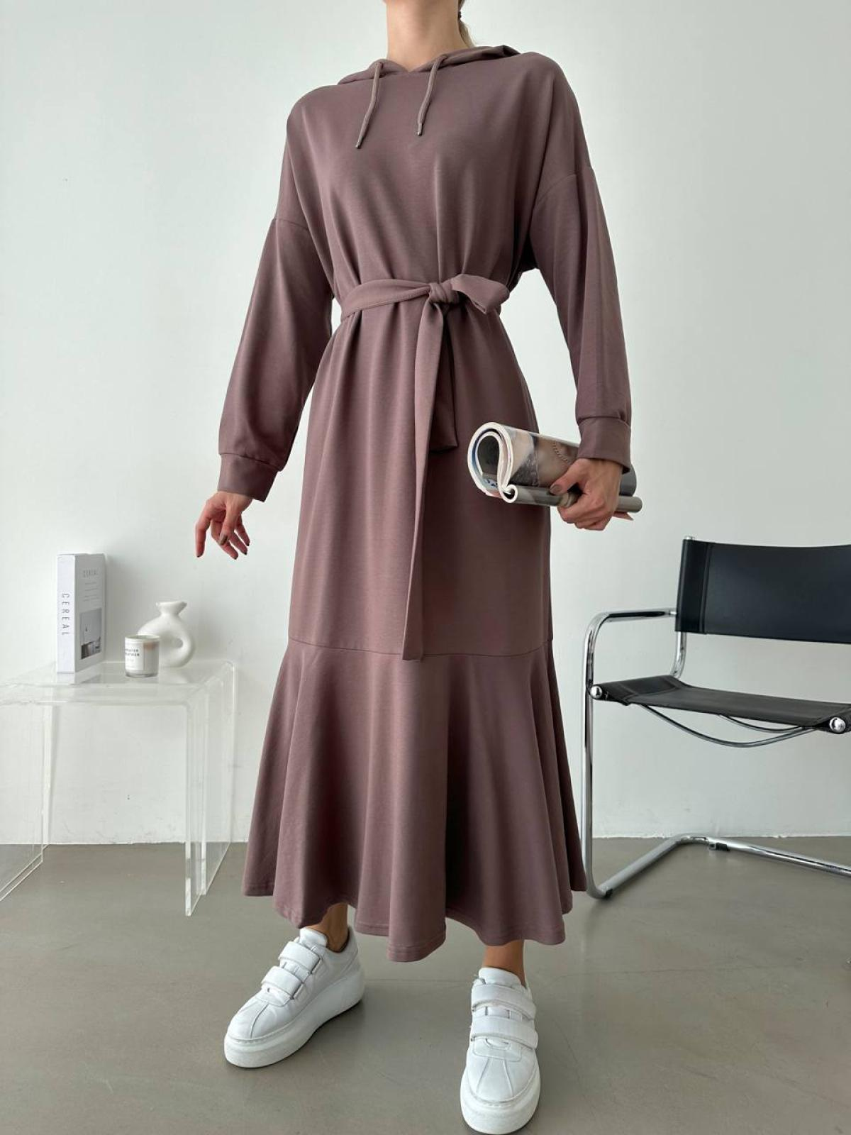 Women hooded midi dress with belt wholesale Marsala color