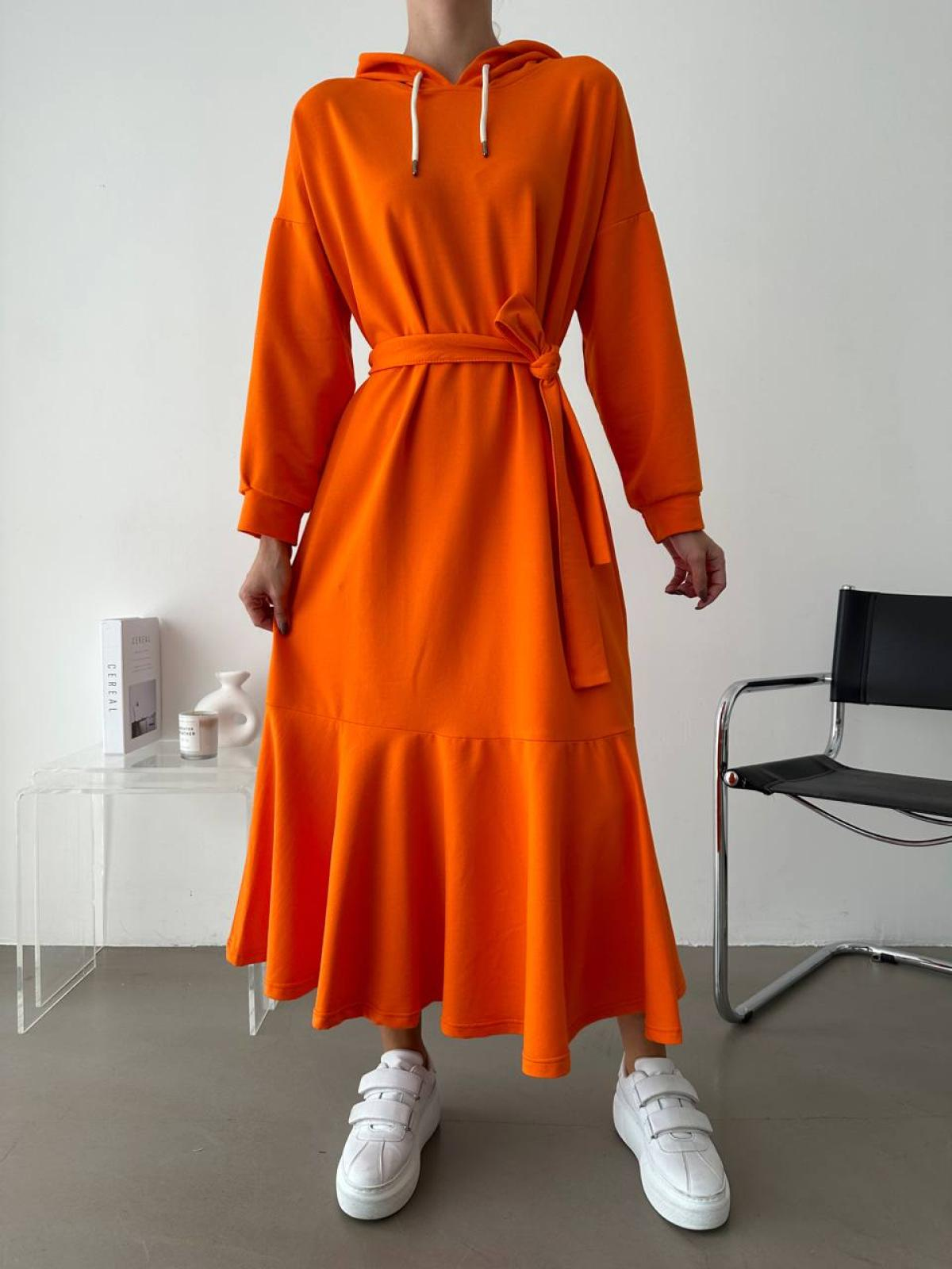 Women hooded midi dress with belt wholesale Orange color