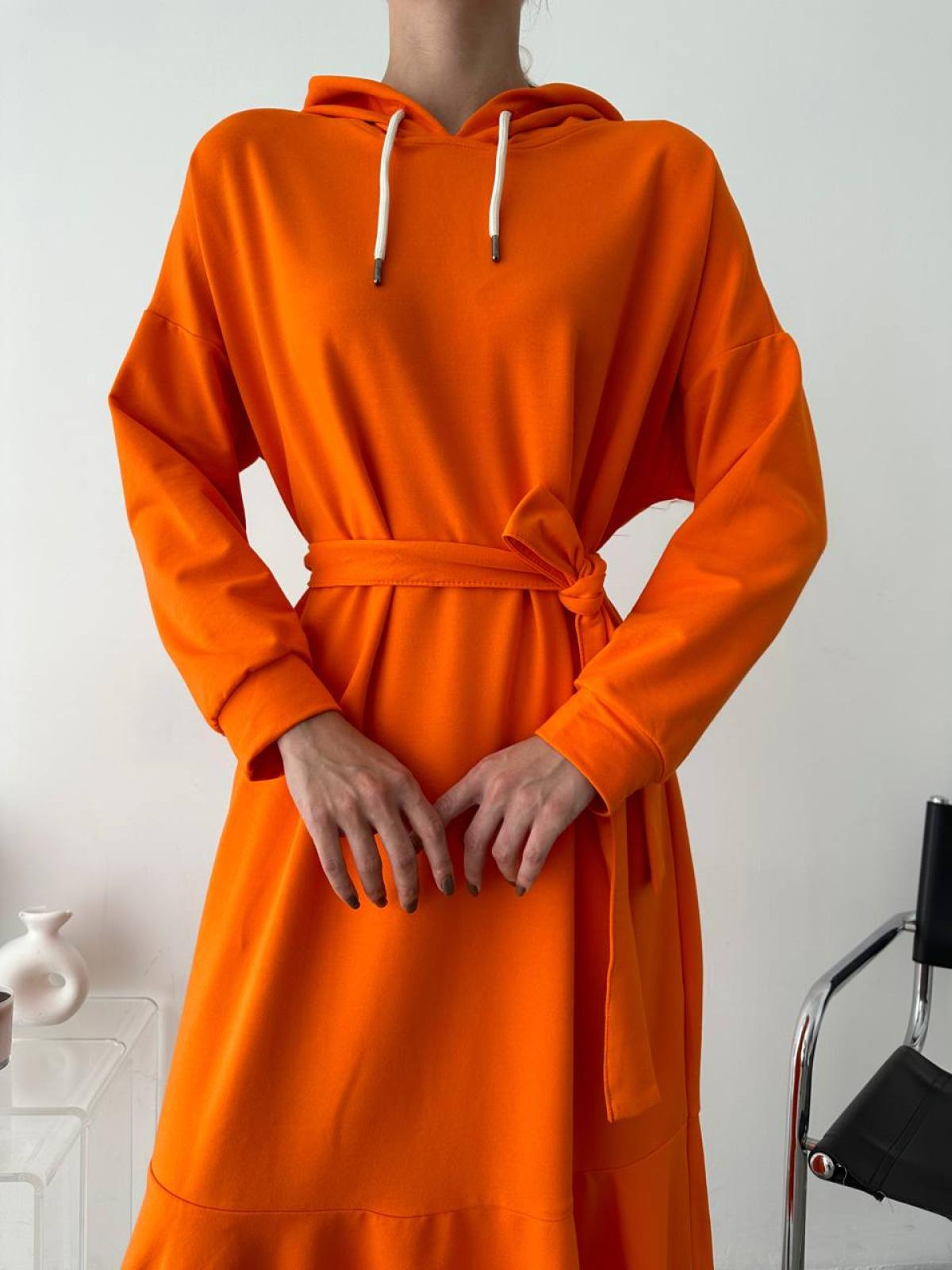 Women hooded midi dress with belt wholesale Orange color