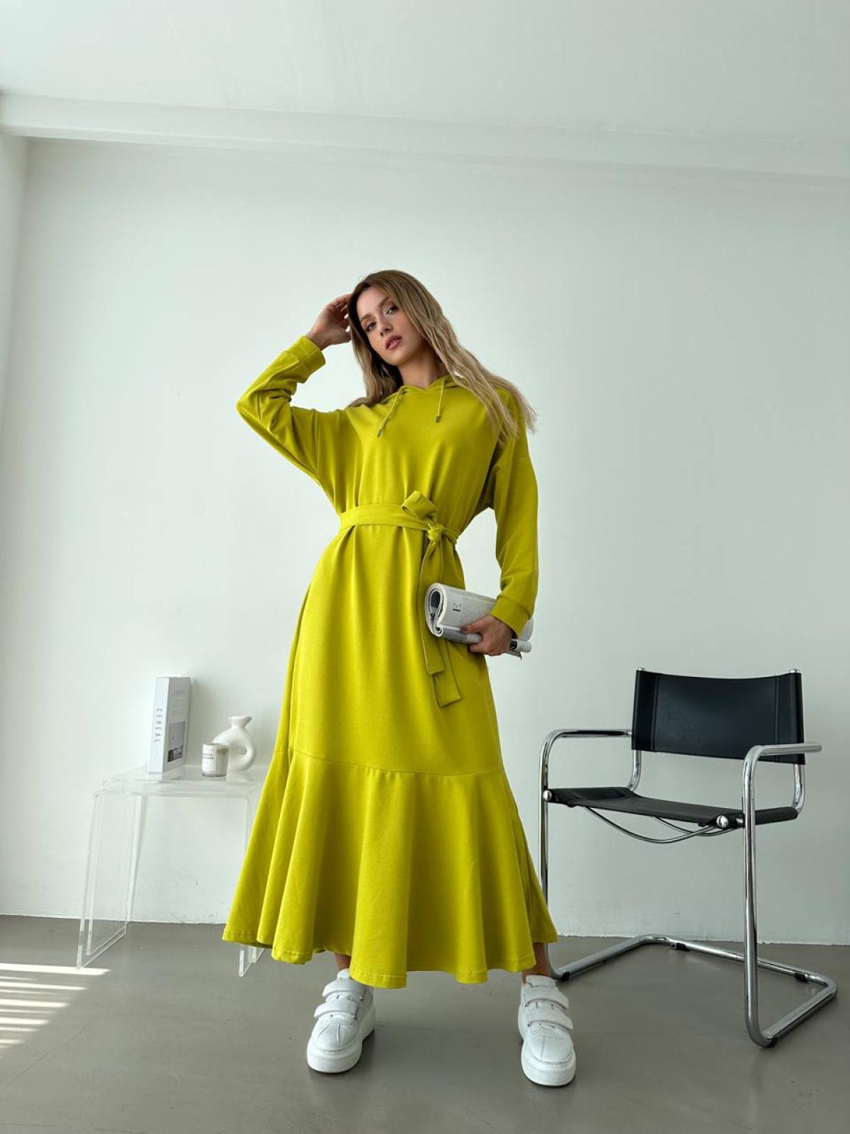 Women hooded midi dress with belt wholesale Yellow color