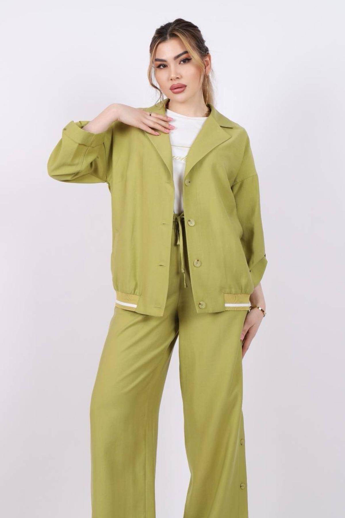 Women jacket, t-shirt and pants set wholesale Pistachio color 685747