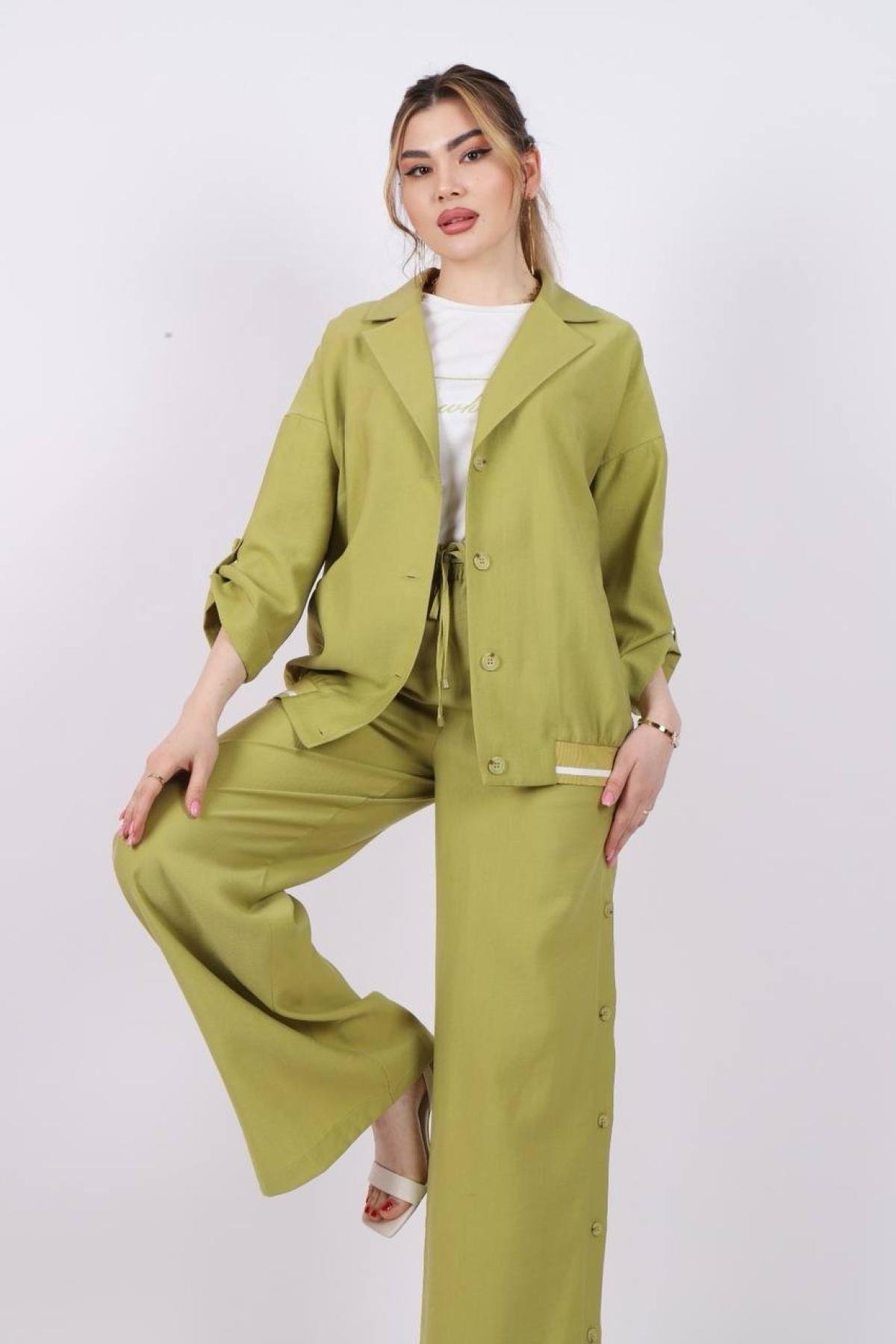 Women jacket, t-shirt and pants set wholesale Pistachio color 685747