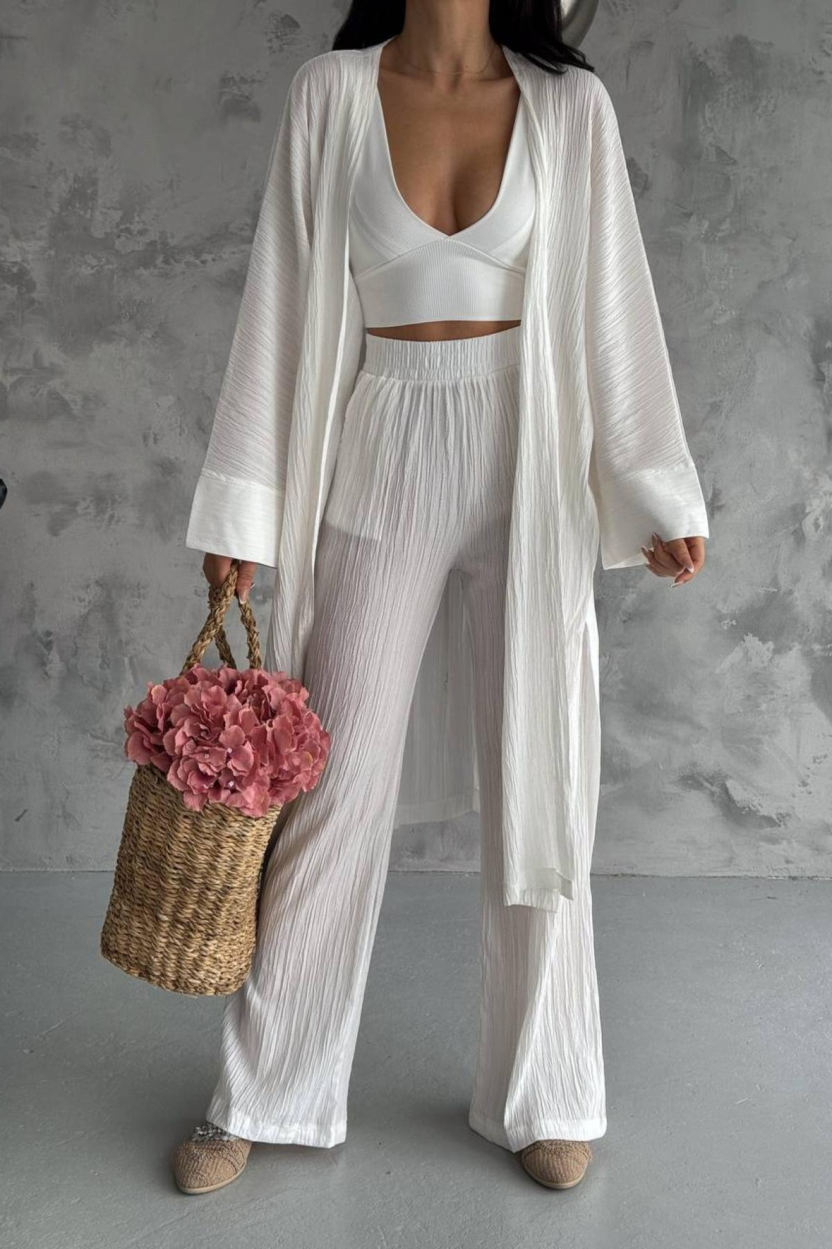 Women kimono and pants set wholesale White color 693866