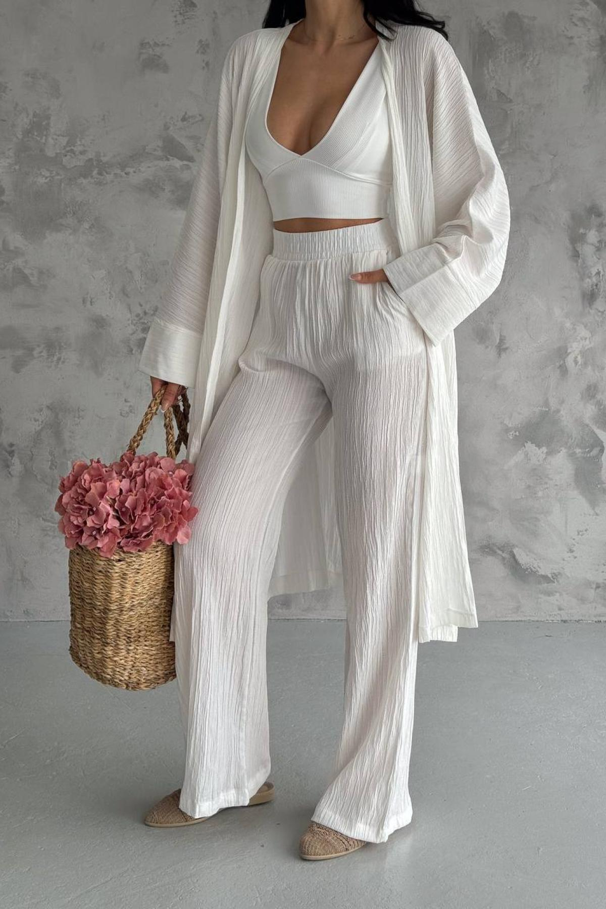 Women kimono and pants set wholesale White color 693866