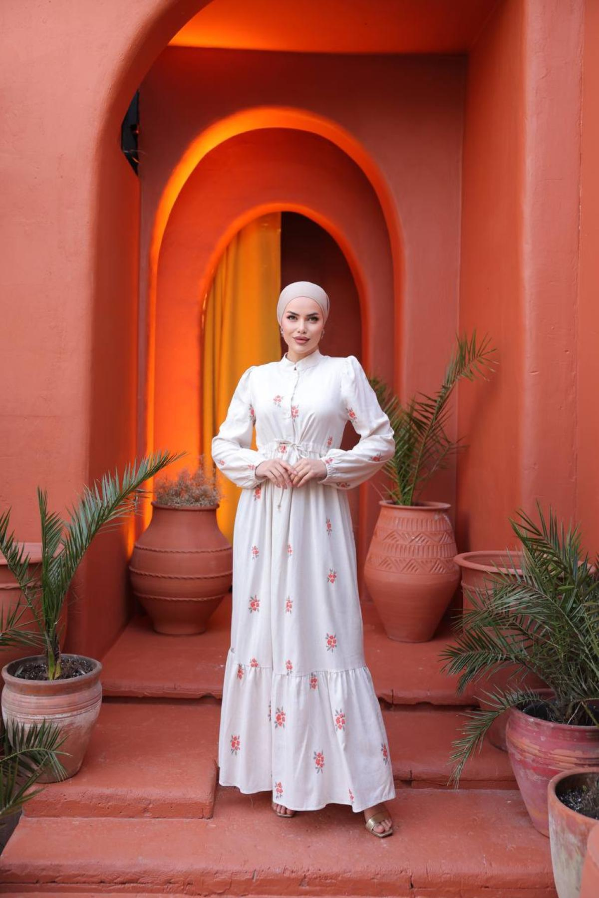 Women linen maxi dress floral wholesale Orange color 693274