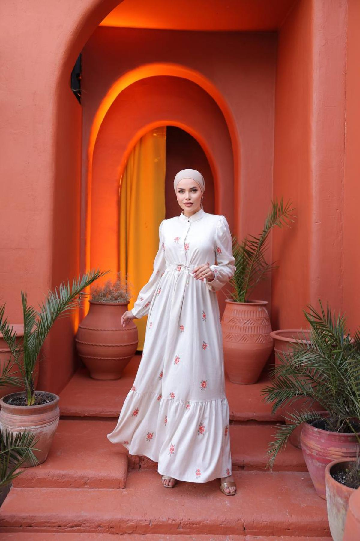Women linen maxi dress floral wholesale Orange color 693274