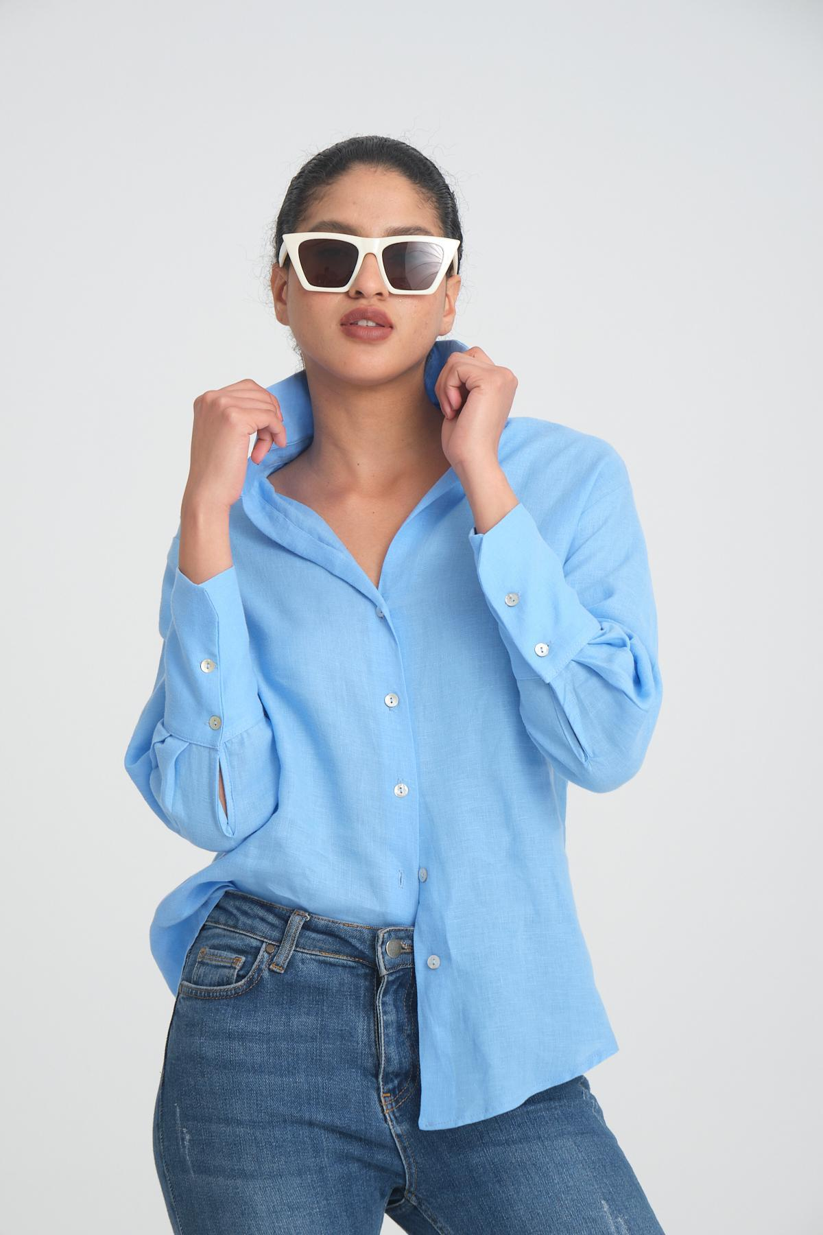 Women linen shirt wholesale Baby Blue color 693396