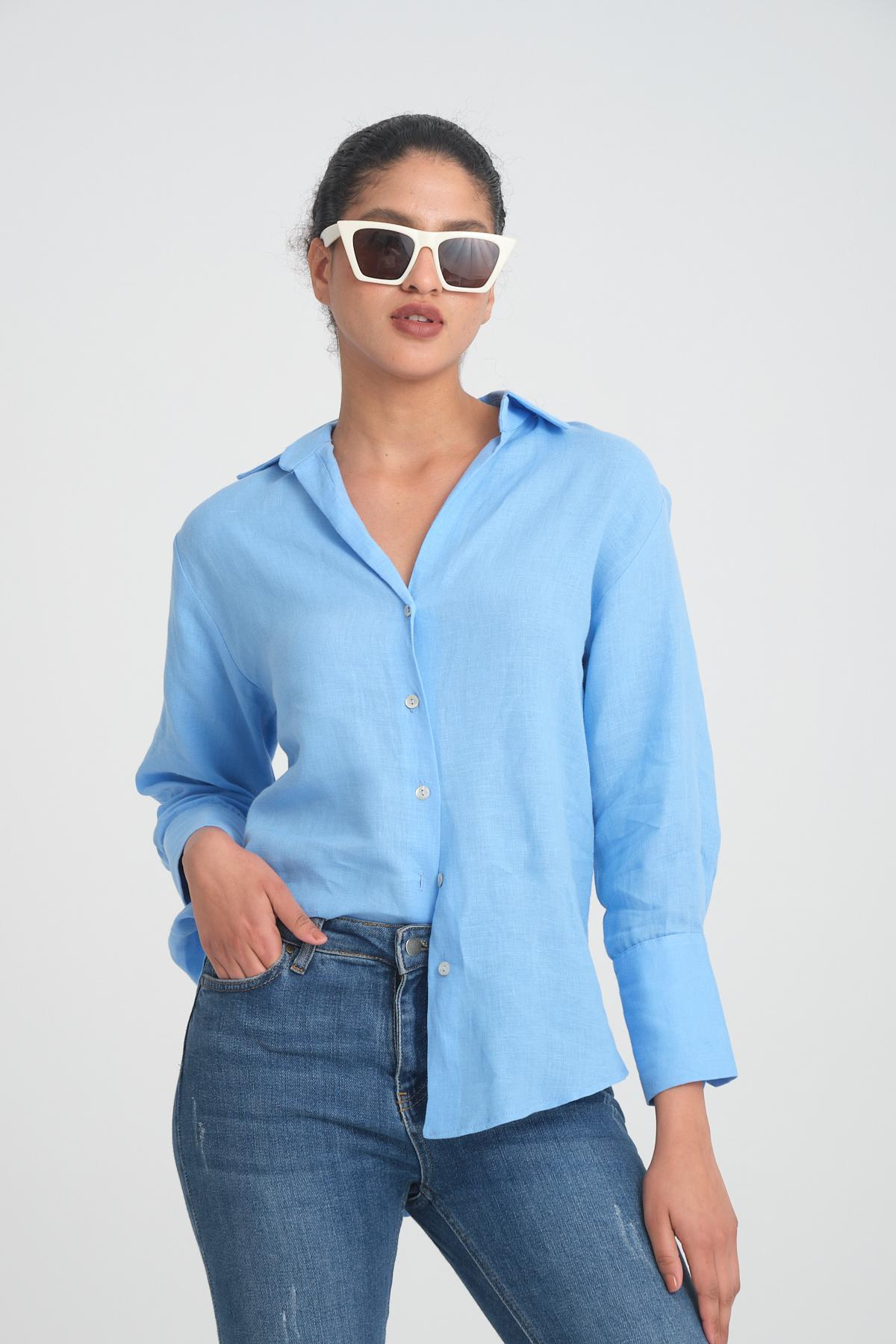 Women linen shirt wholesale Baby Blue color 693396