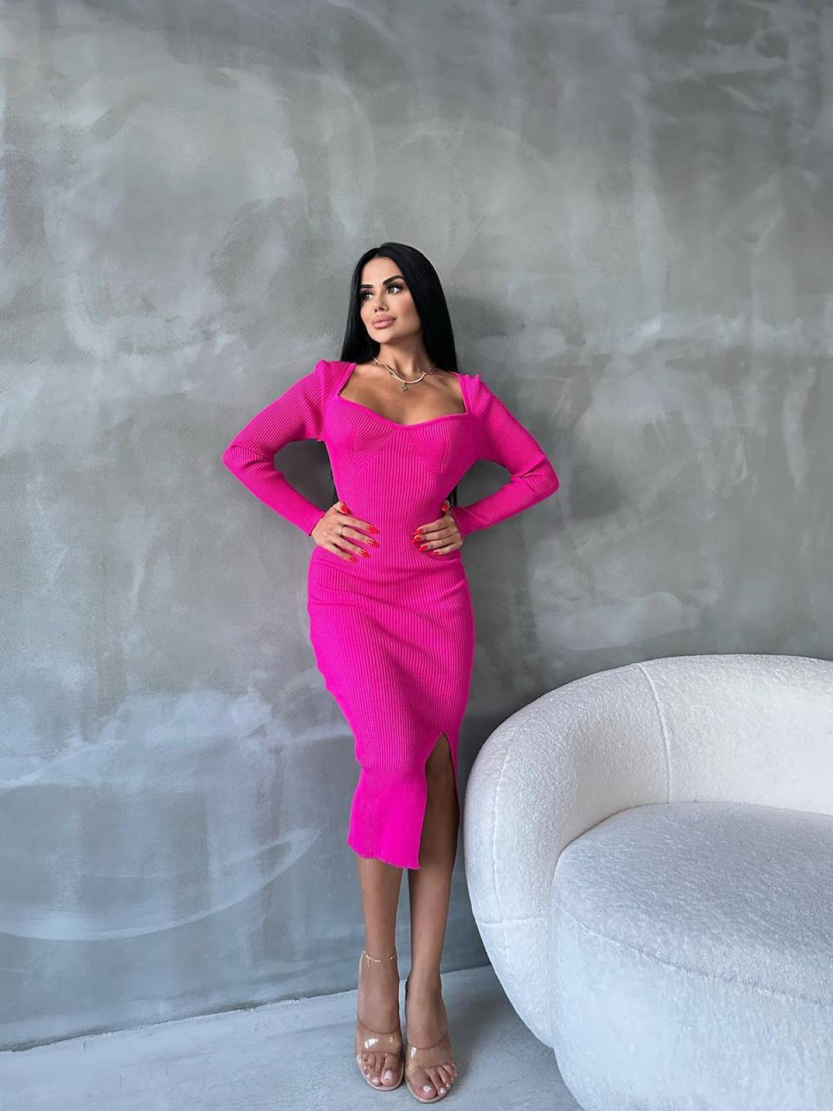 Women long-sleeve heart-neck midi dress wholesale Fuchsia color
