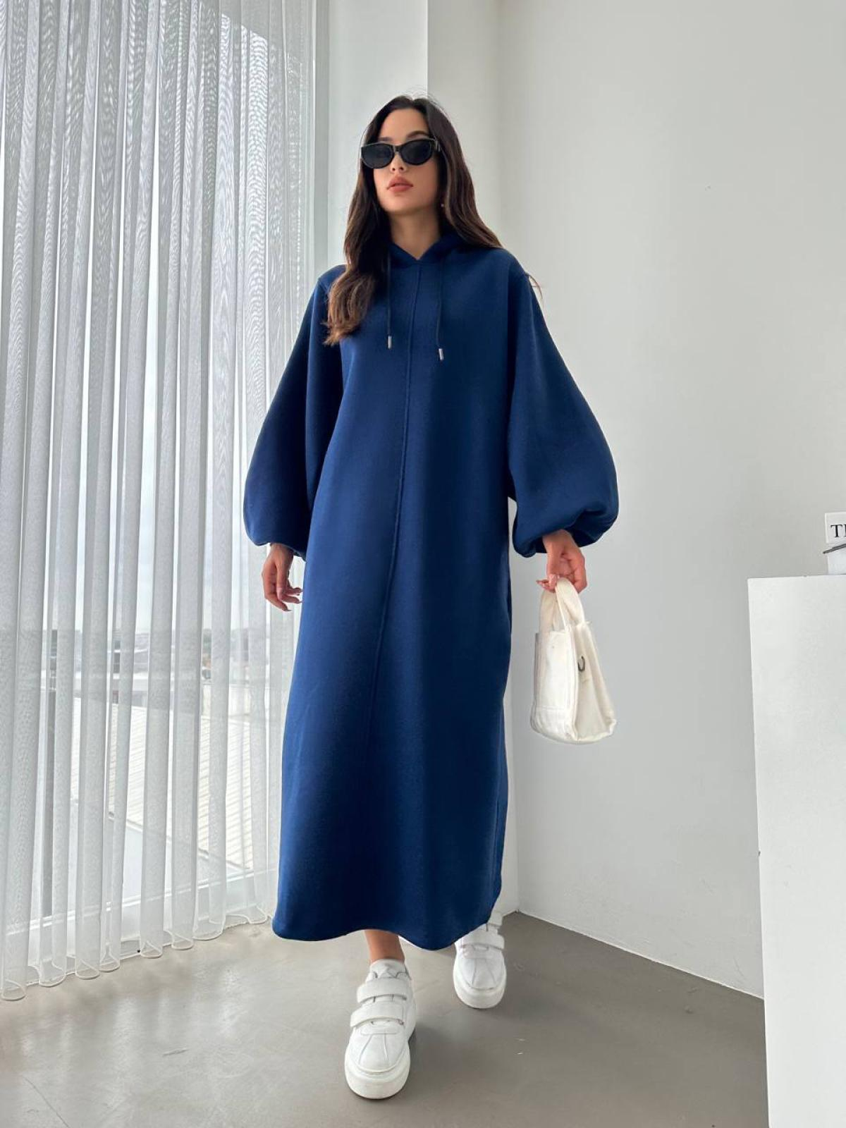 Women long-sleeve hooded midi dress wholesale Cobalt Blue color