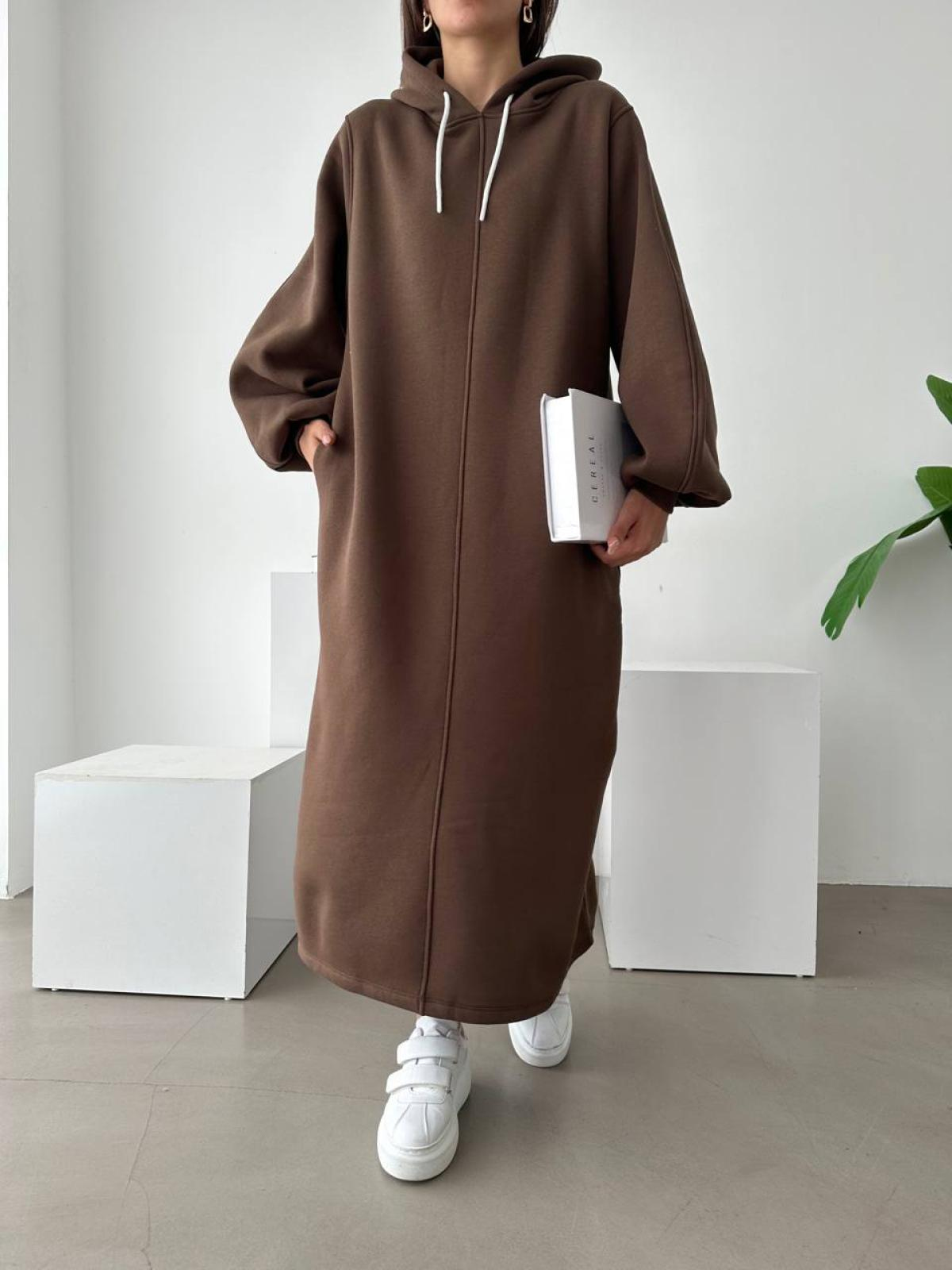Women long-sleeve hooded midi dress wholesale Brown color