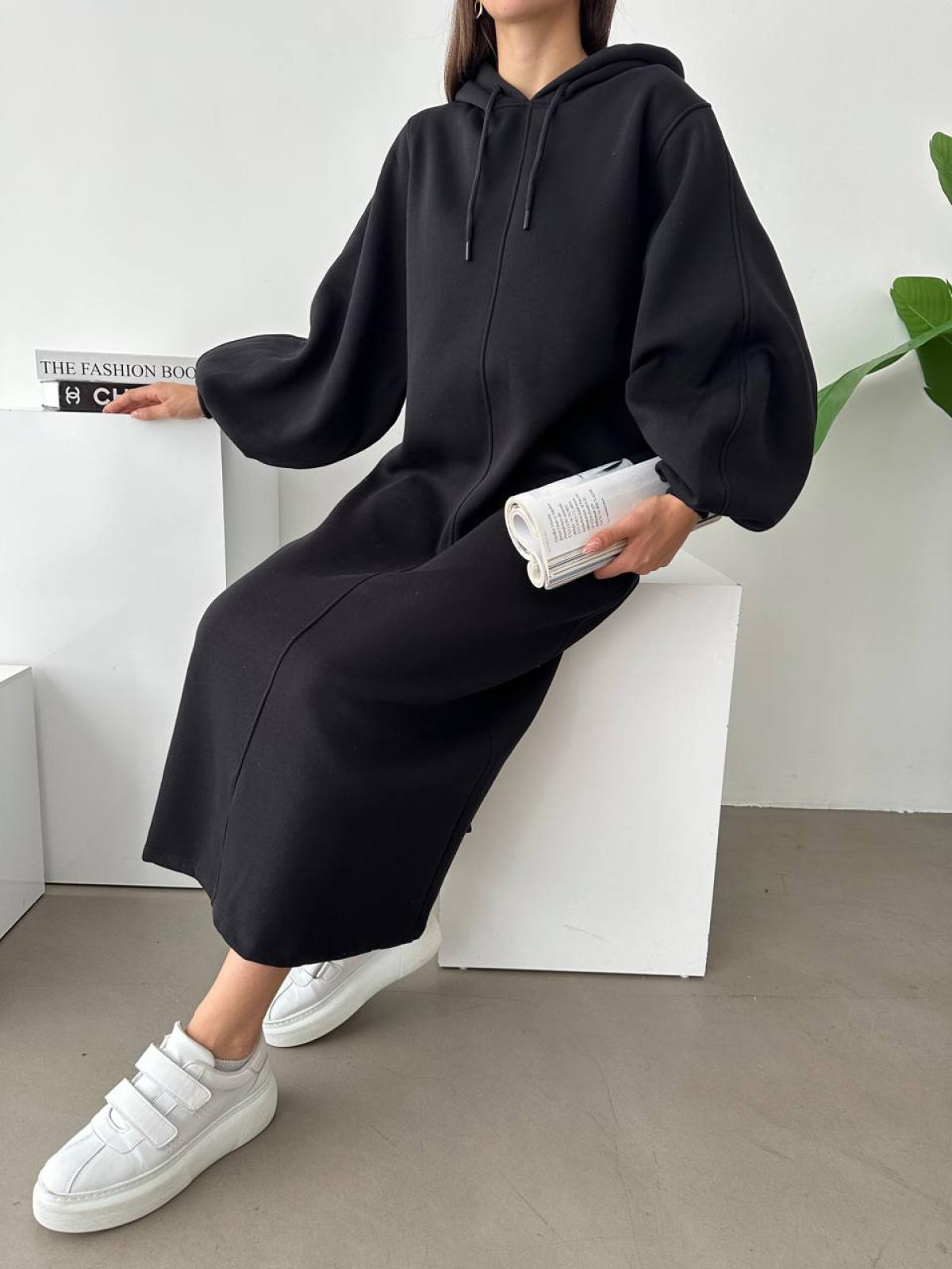 Women long-sleeve hooded midi dress wholesale Black color