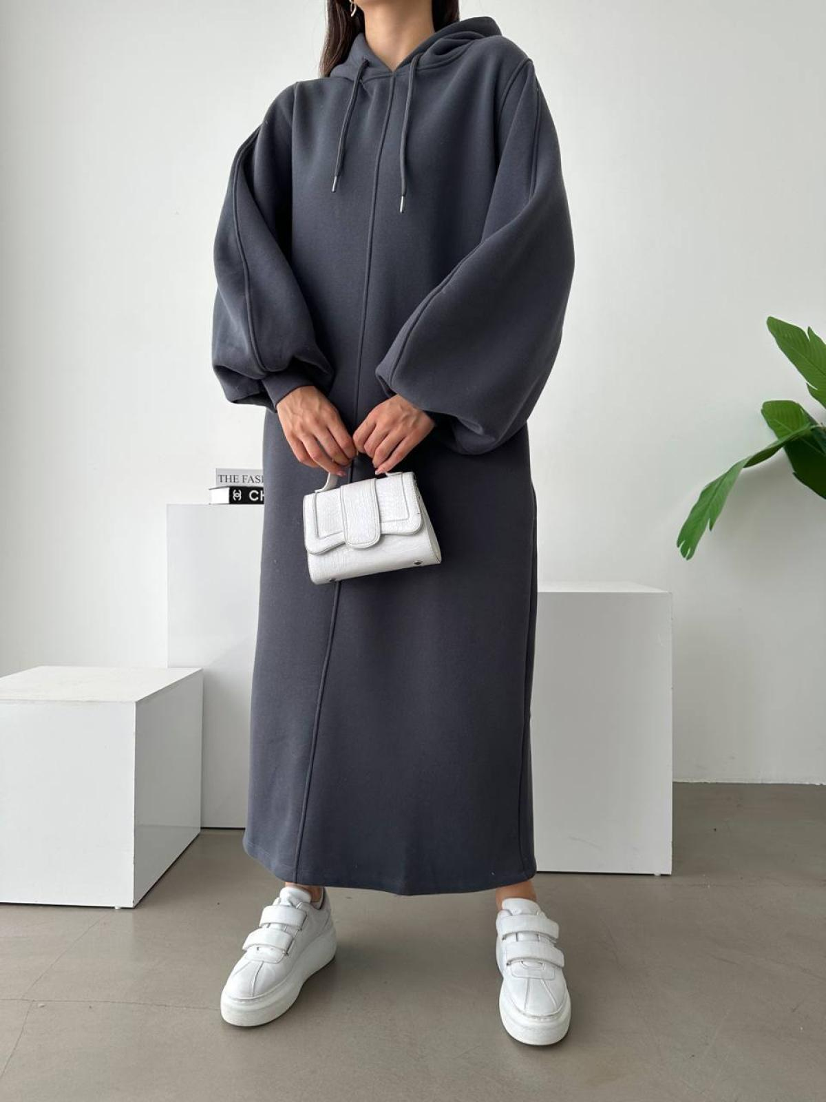 Women long-sleeve hooded midi dress wholesale Anthracite color