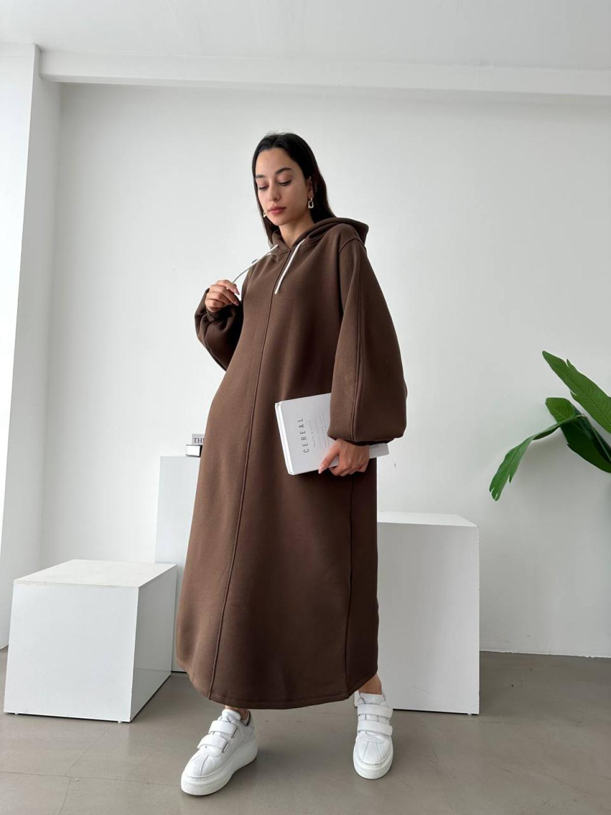 Women long-sleeve hooded midi dress wholesale Brown color