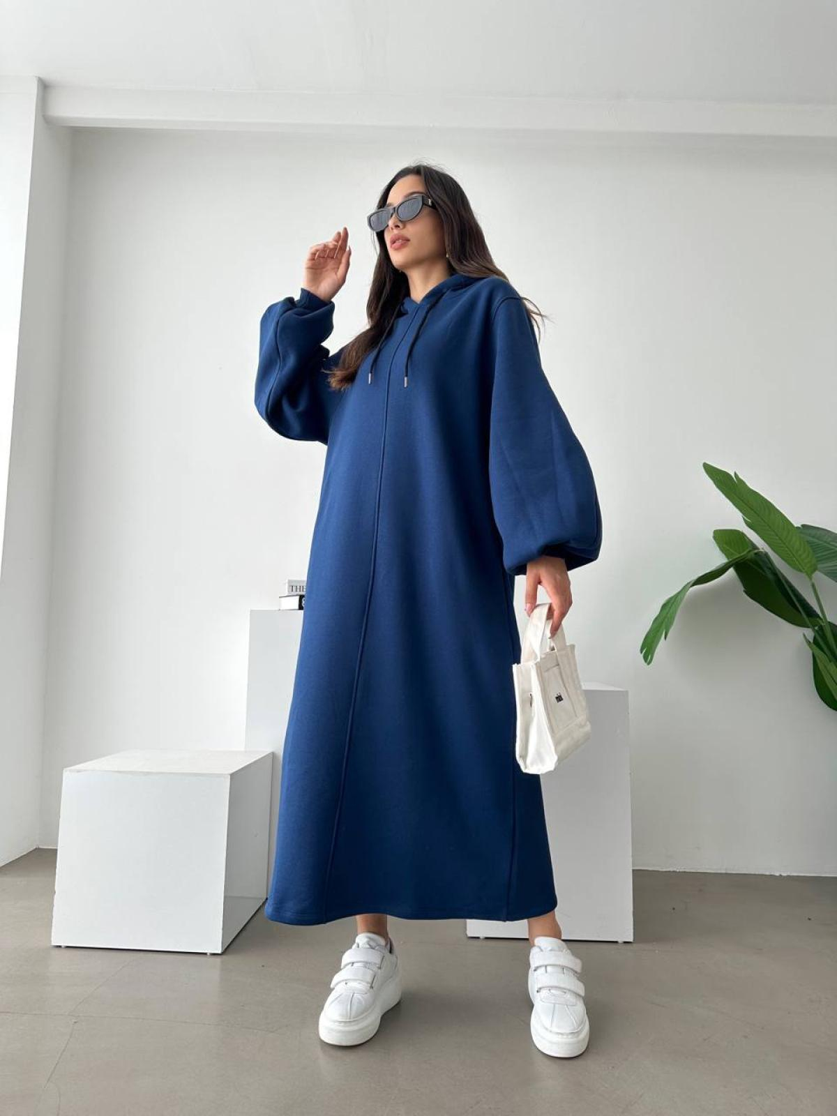 Women long-sleeve hooded midi dress wholesale Cobalt Blue color